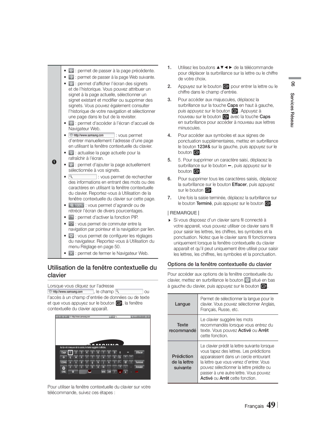 Samsung HT-F5500/ZF manual Utilisation de la fenêtre contextuelle du clavier, Options de la fenêtre contextuelle du clavier 