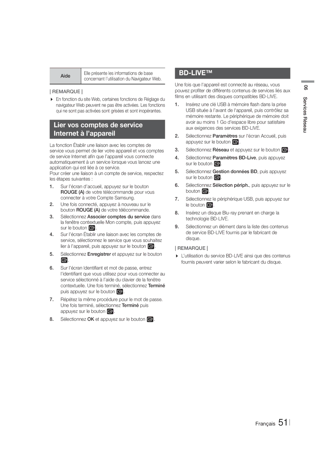 Samsung HT-F5550/ZF, HT-F5500/ZF, HT-F5530/ZF manual Lier vos comptes de service Internet à l’appareil, Aide 