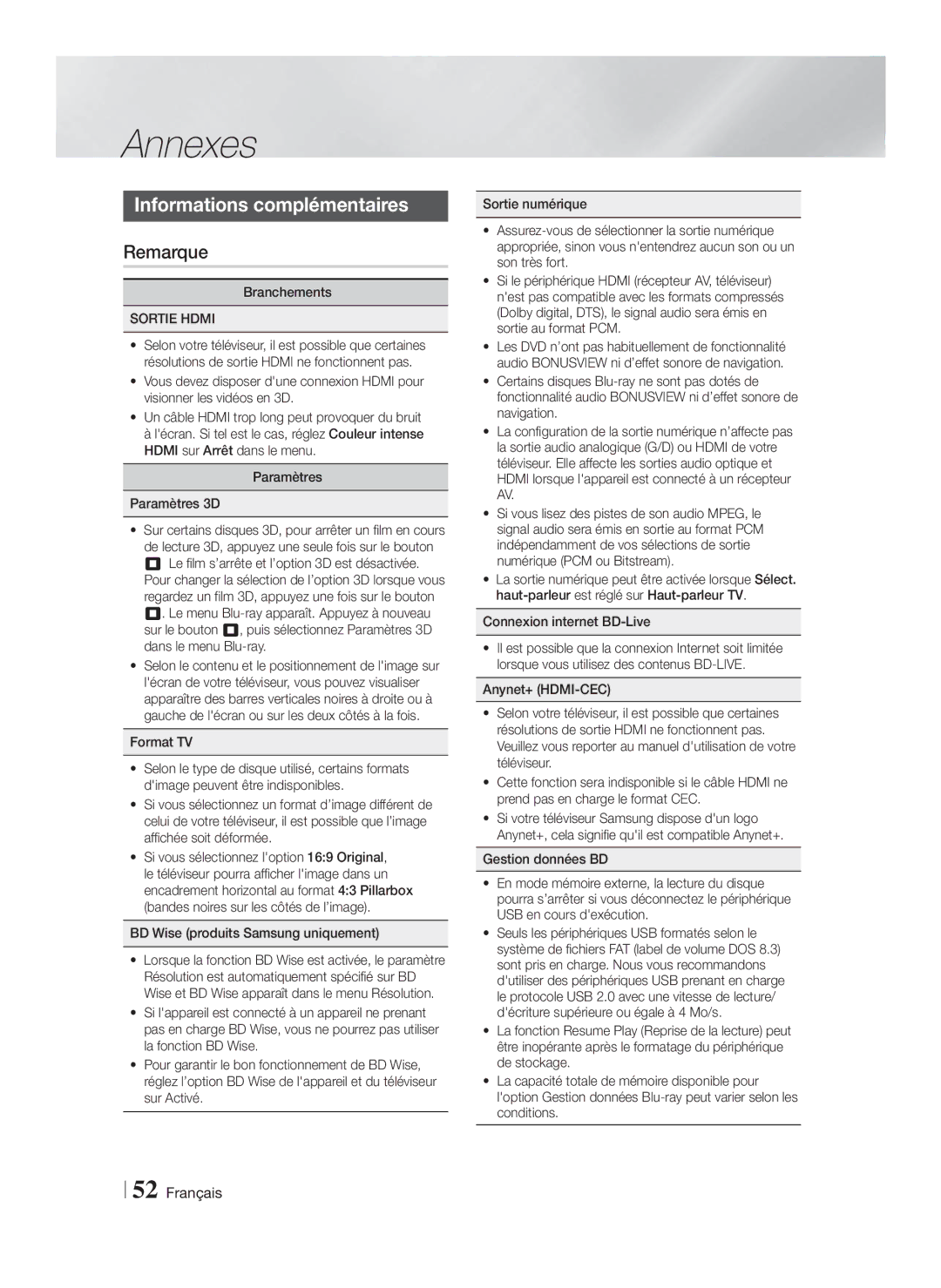 Samsung HT-F5500/ZF Annexes, Informations complémentaires, Remarque, Sortie Hdmi, BD Wise produits Samsung uniquement 