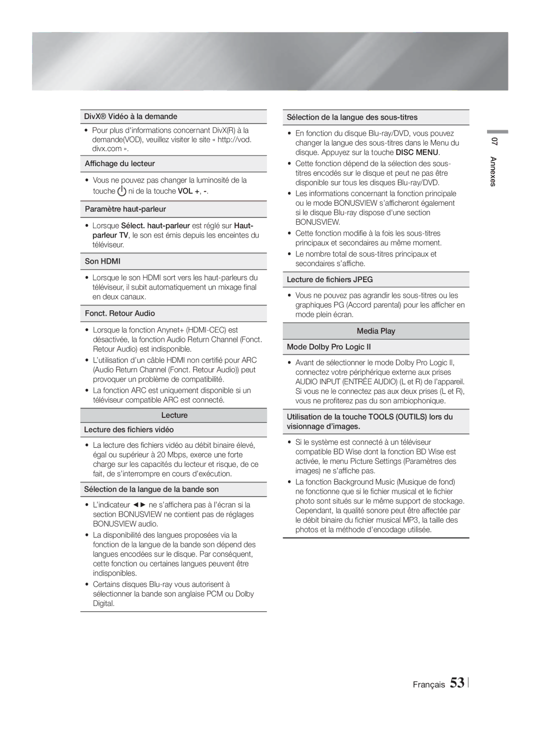 Samsung HT-F5530/ZF, HT-F5550/ZF, HT-F5500/ZF manual Lecture Lecture des fichiers vidéo, Bonusview, Annexes 