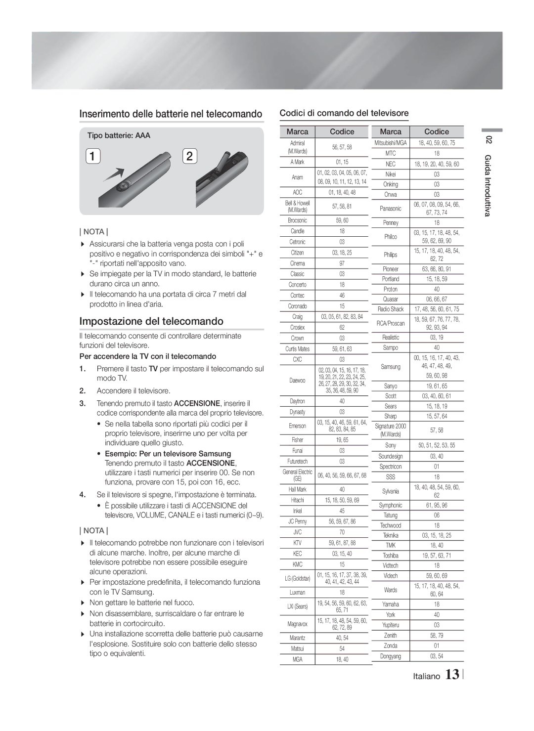 Samsung HT-F5500/ZF manual Impostazione del telecomando, Codici di comando del televisore, Tipo batterie AAA, Marca Codice 