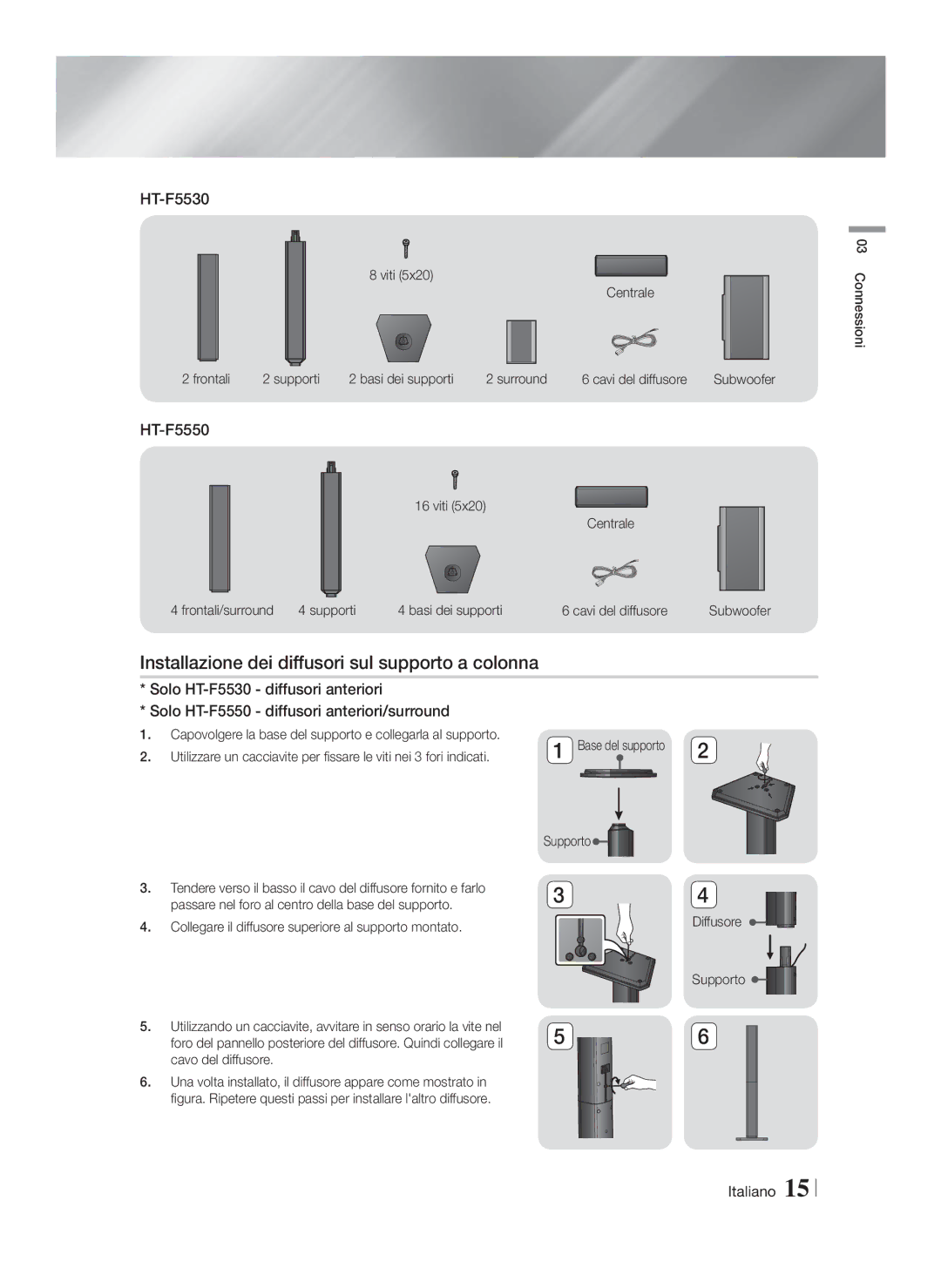 Samsung HT-F5550/ZF, HT-F5500/ZF, HT-F5530/ZF manual Installazione dei diffusori sul supporto a colonna, Diffusore Supporto 