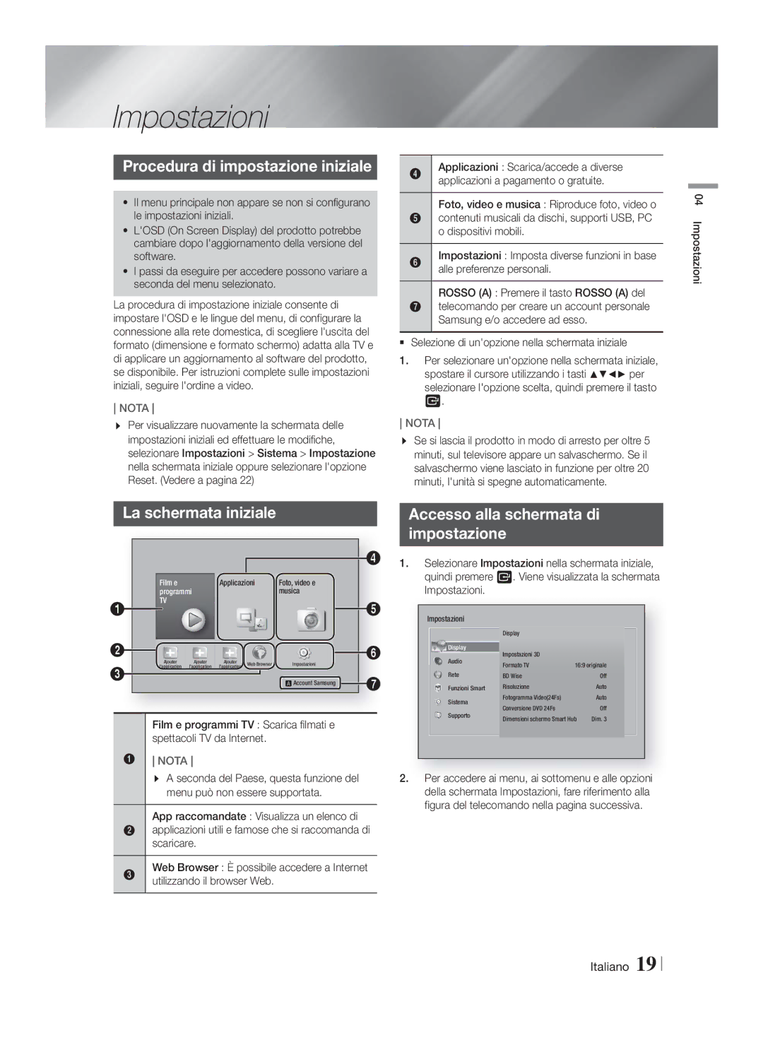 Samsung HT-F5500/ZF, HT-F5550/ZF, HT-F5530/ZF manual Impostazioni, Procedura di impostazione iniziale, La schermata iniziale 