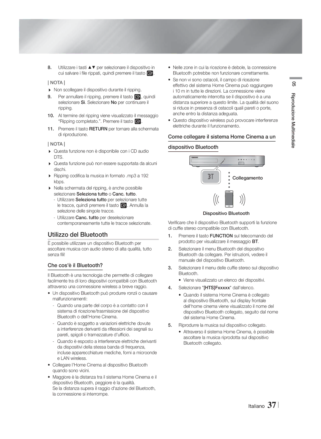 Samsung HT-F5500/ZF, HT-F5550/ZF, HT-F5530/ZF manual Utilizzo del Bluetooth, Che cosè il Bluetooth? 