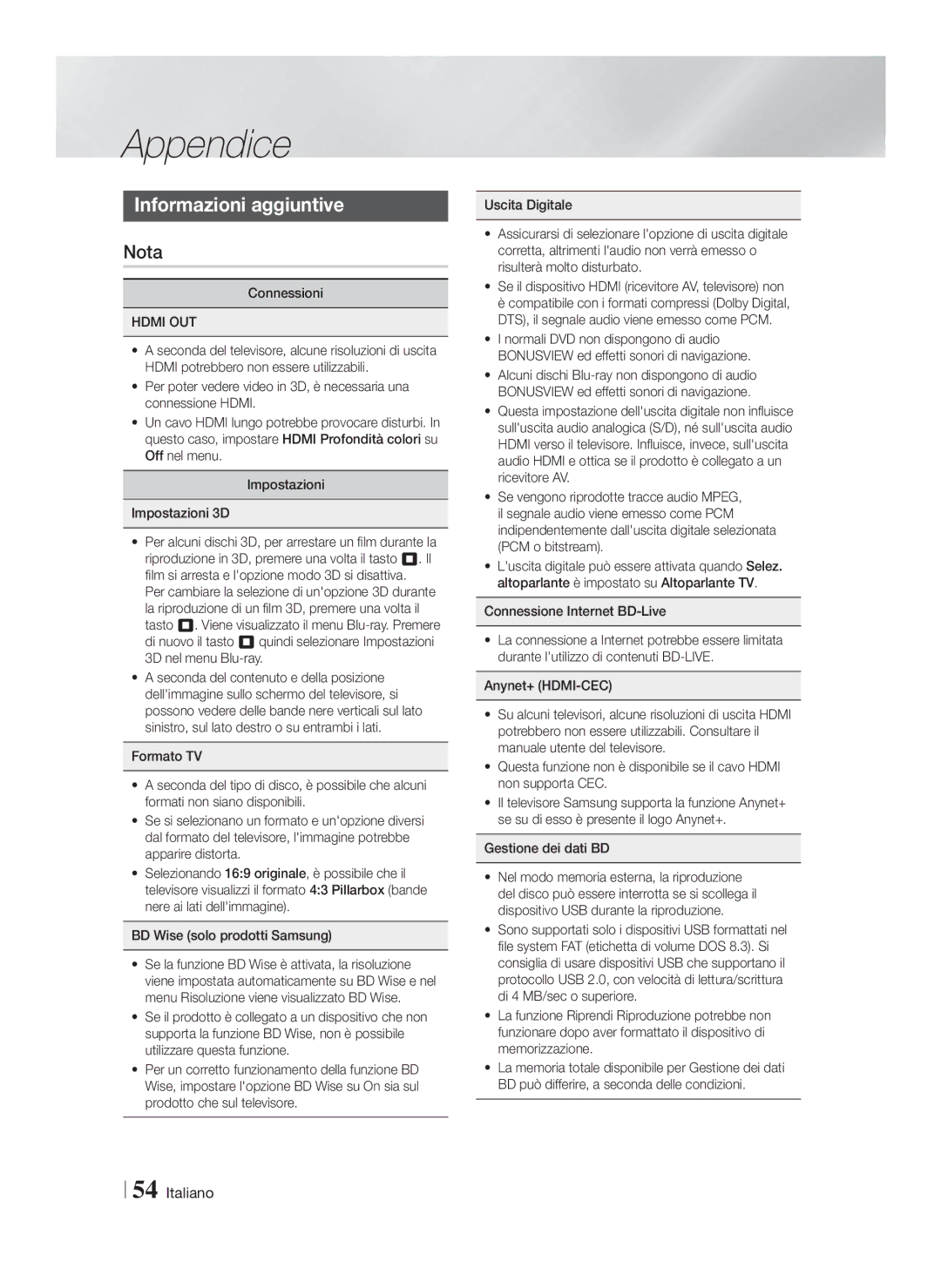 Samsung HT-F6500/EN, HT-F6550W/ZF, HT-F6500/ZF Appendice, Informazioni aggiuntive, Nota, Hdmi OUT, Gestione dei dati BD 