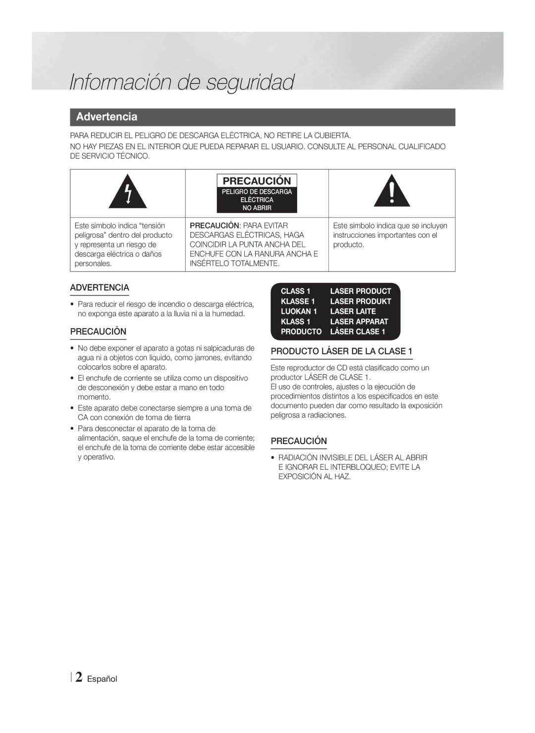 Samsung HT-F6500/ZF, HT-F6500/EN, HT-F6550W/ZF, HT-F6550W/SJ manual Información de seguridad, Advertencia 