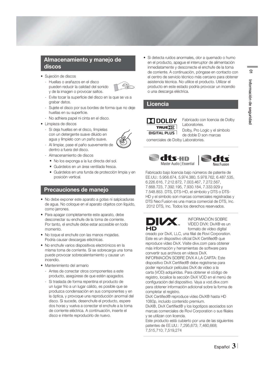 Samsung HT-F6550W/SJ, HT-F6500/EN, HT-F6550W/ZF manual Almacenamiento y manejo de Discos, Precauciones de manejo, Licencia 