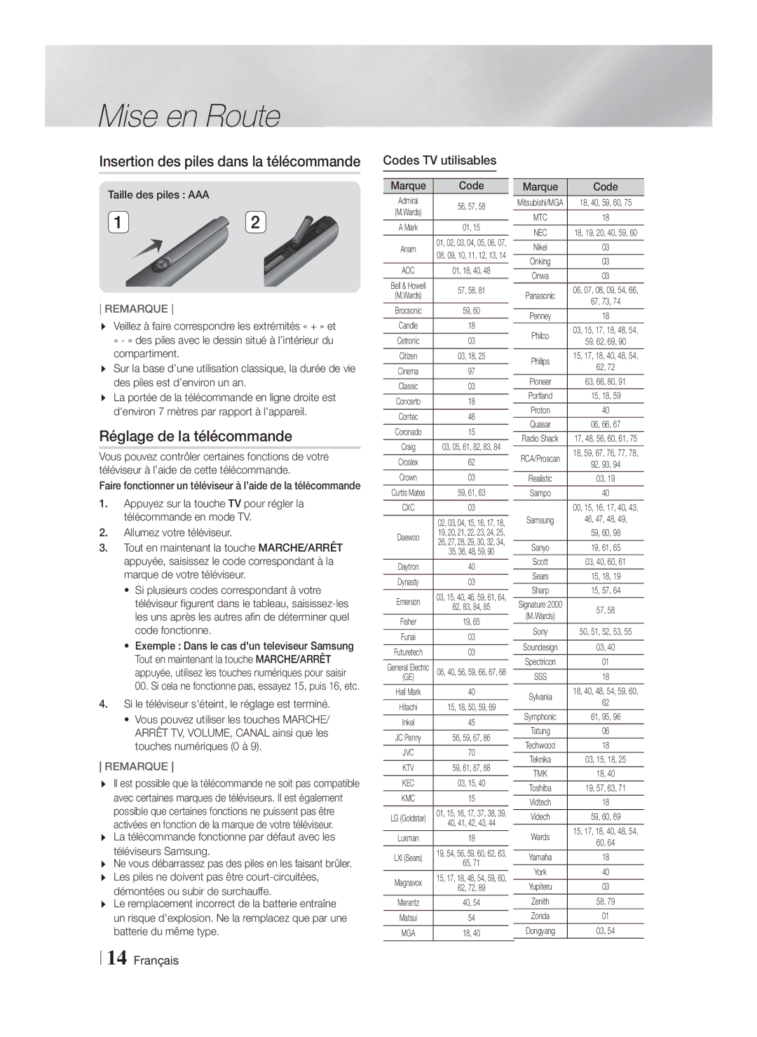 Samsung HT-F6500/ZF Réglage de la télécommande, Codes TV utilisables, Si le téléviseur séteint, le réglage est terminé 