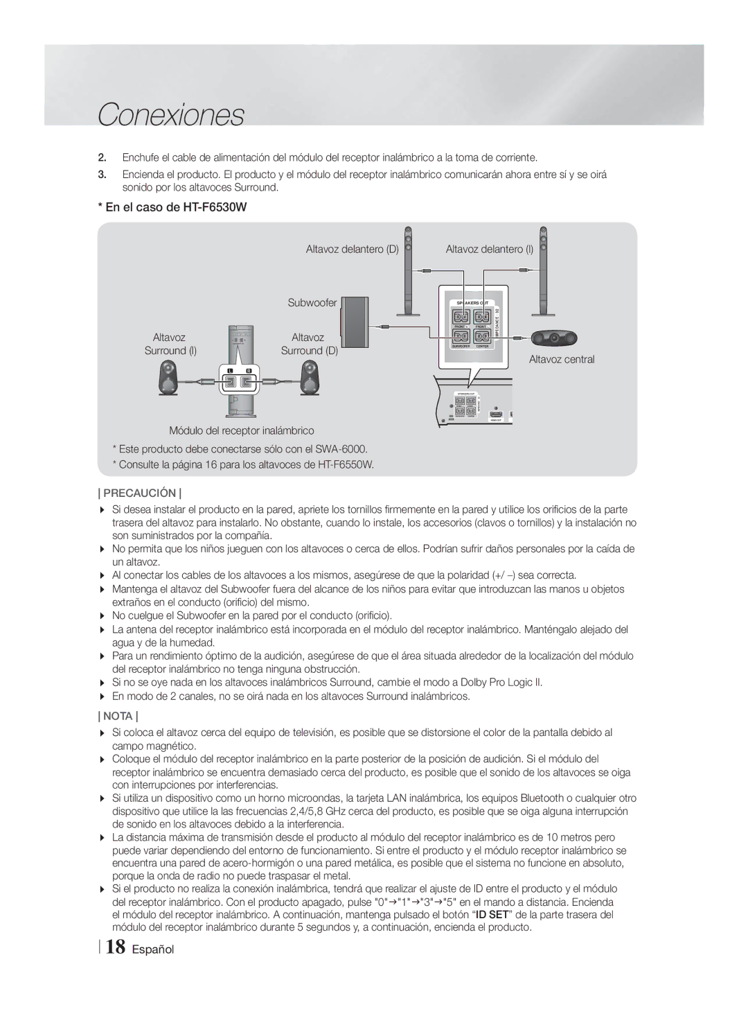 Samsung HT-F6500/ZF, HT-F6500/EN, HT-F6550W/ZF, HT-F6550W/SJ En el caso de HT-F6530W, Altavoz delantero D, Altavoz Surround 