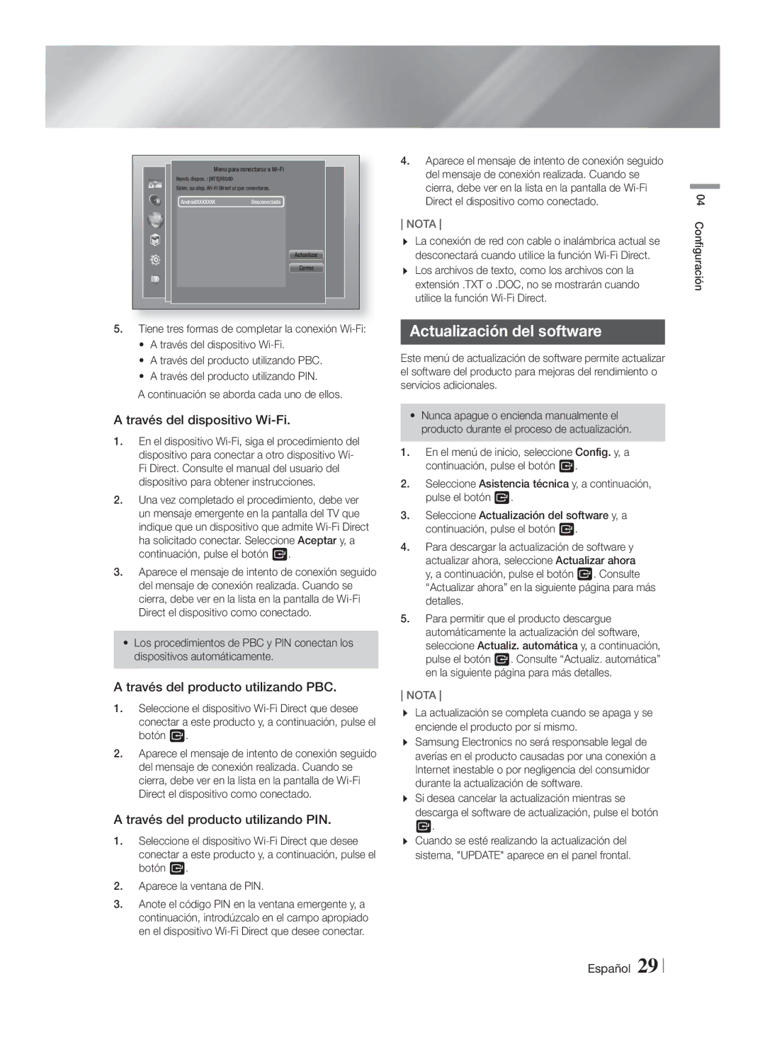 Samsung HT-F6550W/ZF manual Actualización del software, Través del dispositivo Wi-Fi, Través del producto utilizando PBC 