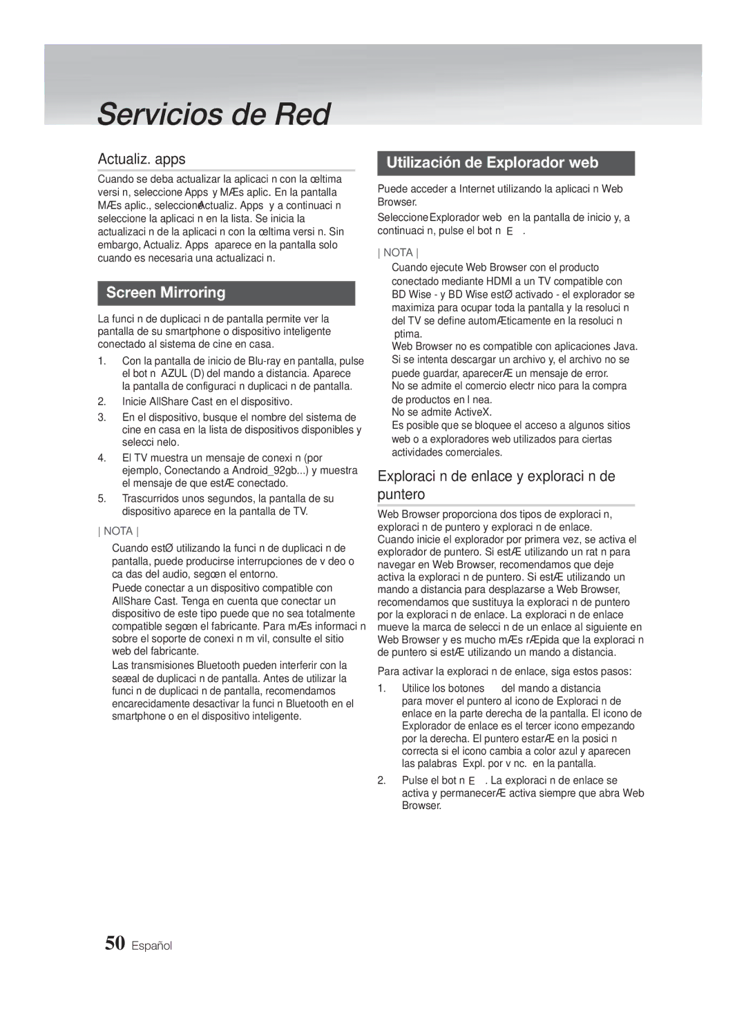 Samsung HT-F6500/ZF manual Actualiz. apps, Utilización de Explorador web, Exploración de enlace y exploración de puntero 