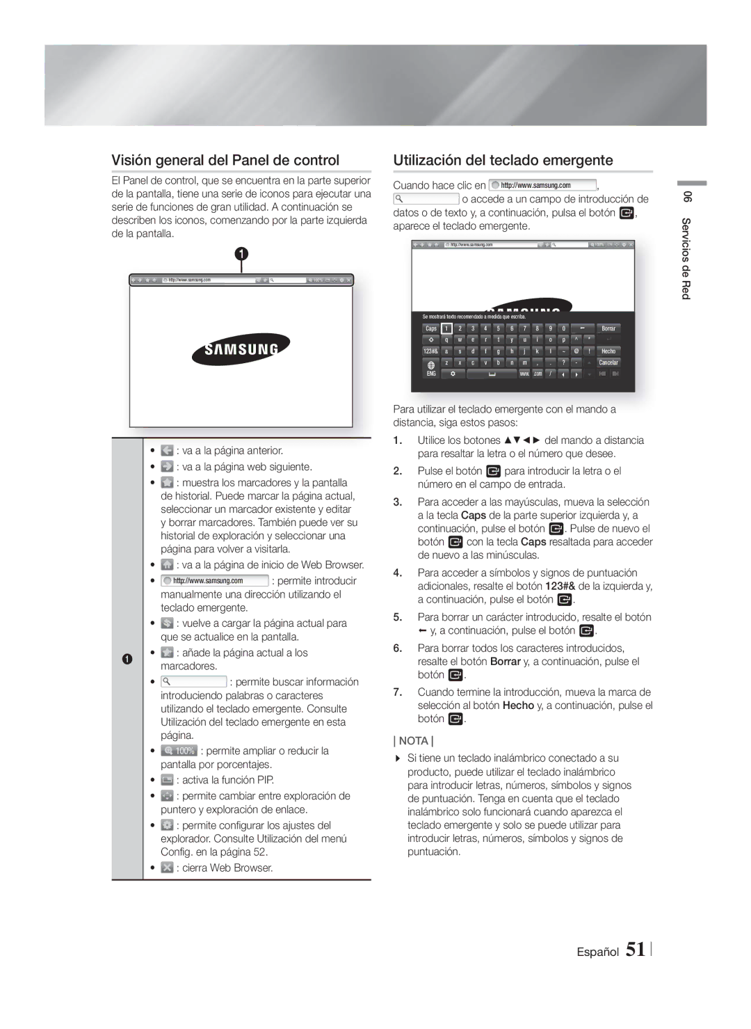 Samsung HT-F6550W/SJ, HT-F6500/EN, HT-F6550W/ZF manual Visión general del Panel de control, Utilización del teclado emergente 