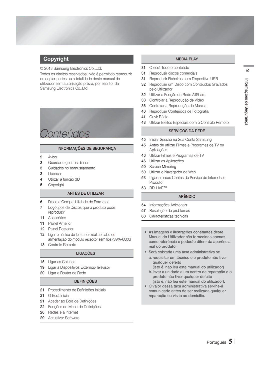 Samsung HT-F6550W/SJ, HT-F6500/EN, HT-F6550W/ZF, HT-F6500/ZF manual Conteúdos 