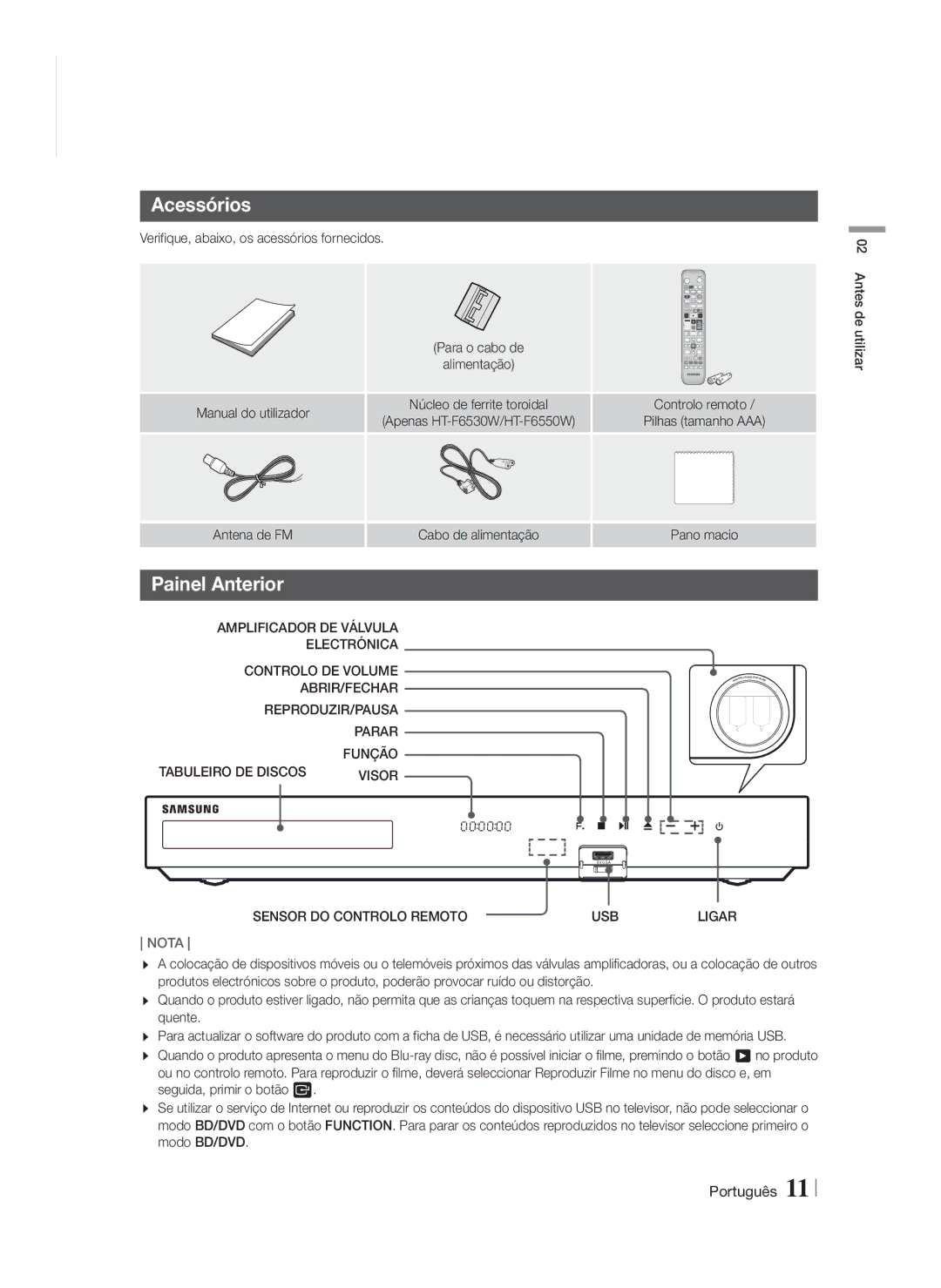 Samsung HT-F6550W/ZF, HT-F6500/EN, HT-F6500/ZF manual Acessórios, Painel Anterior, Visor, Sensor do Controlo Remoto USB 