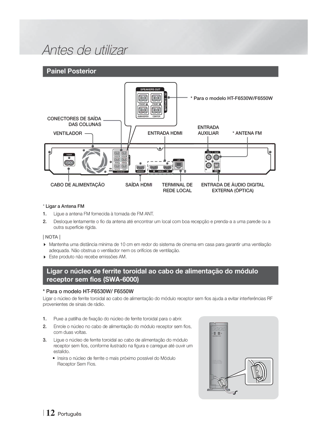 Samsung HT-F6500/ZF, HT-F6500/EN, HT-F6550W/ZF manual Painel Posterior, Para o modelo HT-F6530W/ F6550W, Ventilador, Auxiliar 