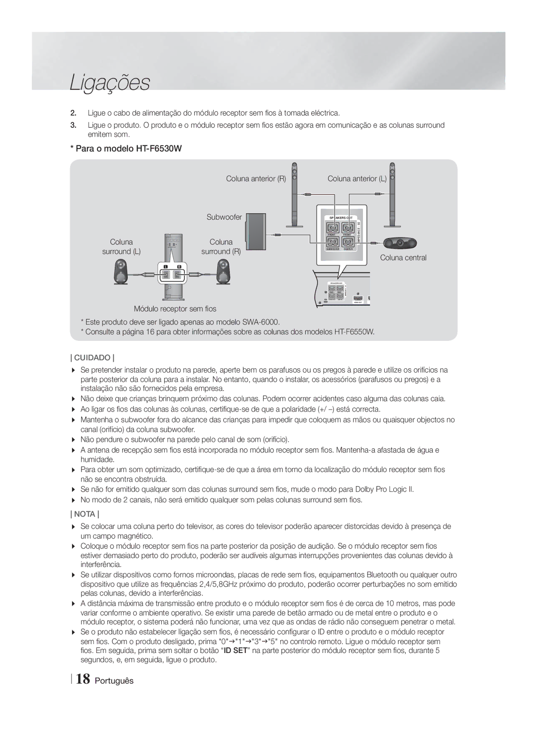 Samsung HT-F6500/EN, HT-F6550W/ZF Para o modelo HT-F6530W, Coluna anterior R, Módulo receptor sem fios Coluna anterior L 