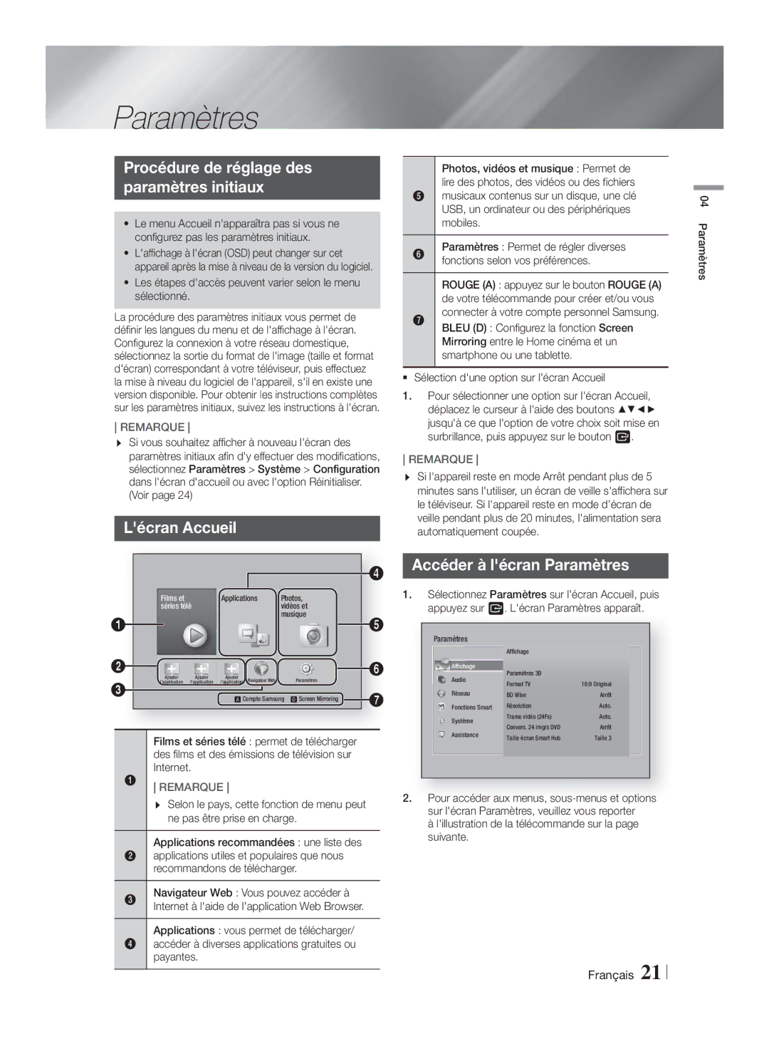 Samsung HT-F6550W/ZF manual Procédure de réglage des Paramètres initiaux, Lécran Accueil, Accéder à lécran Paramètres 