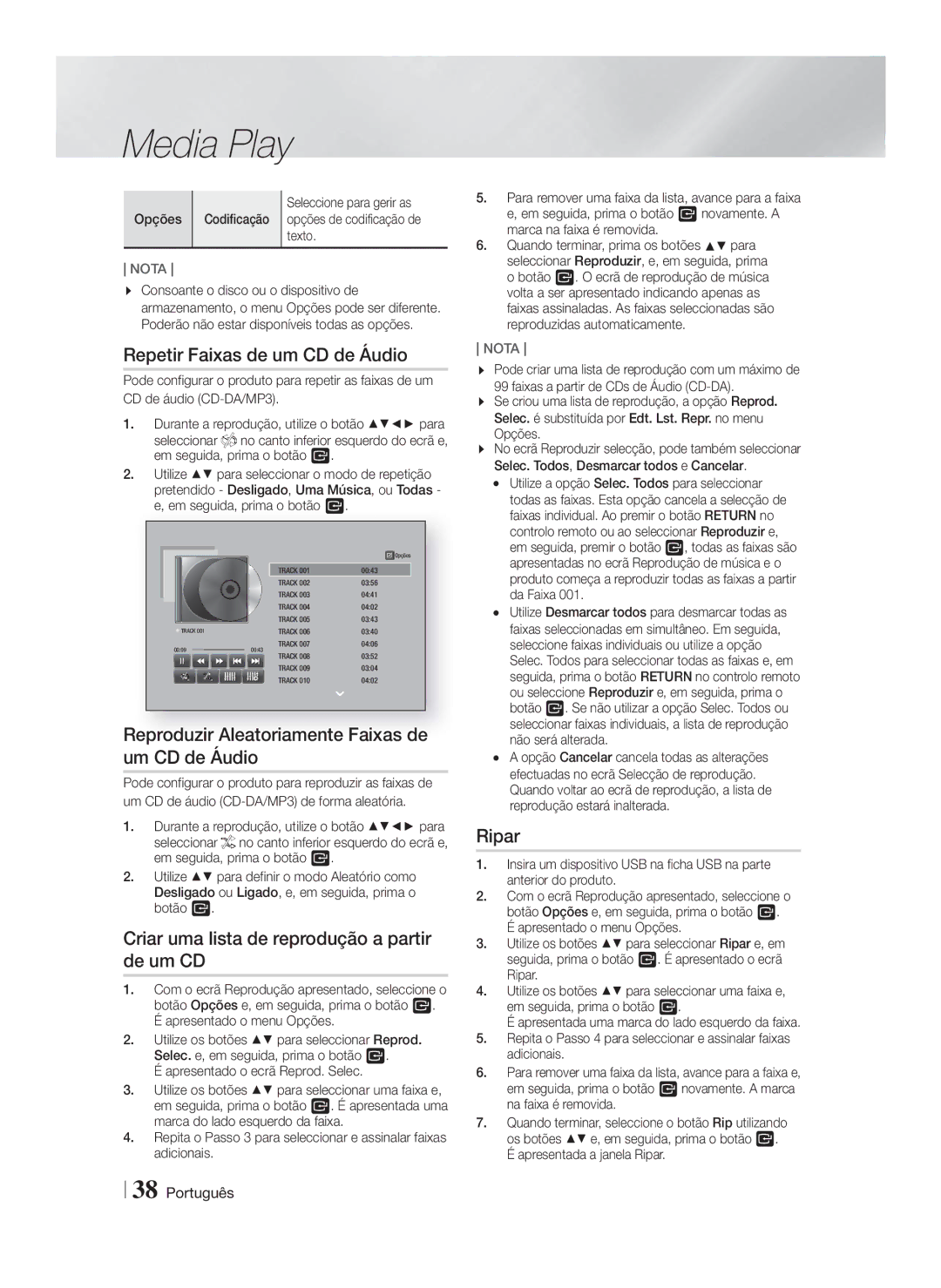 Samsung HT-F6500/EN manual Repetir Faixas de um CD de Áudio, Reproduzir Aleatoriamente Faixas de um CD de Áudio, Ripar 