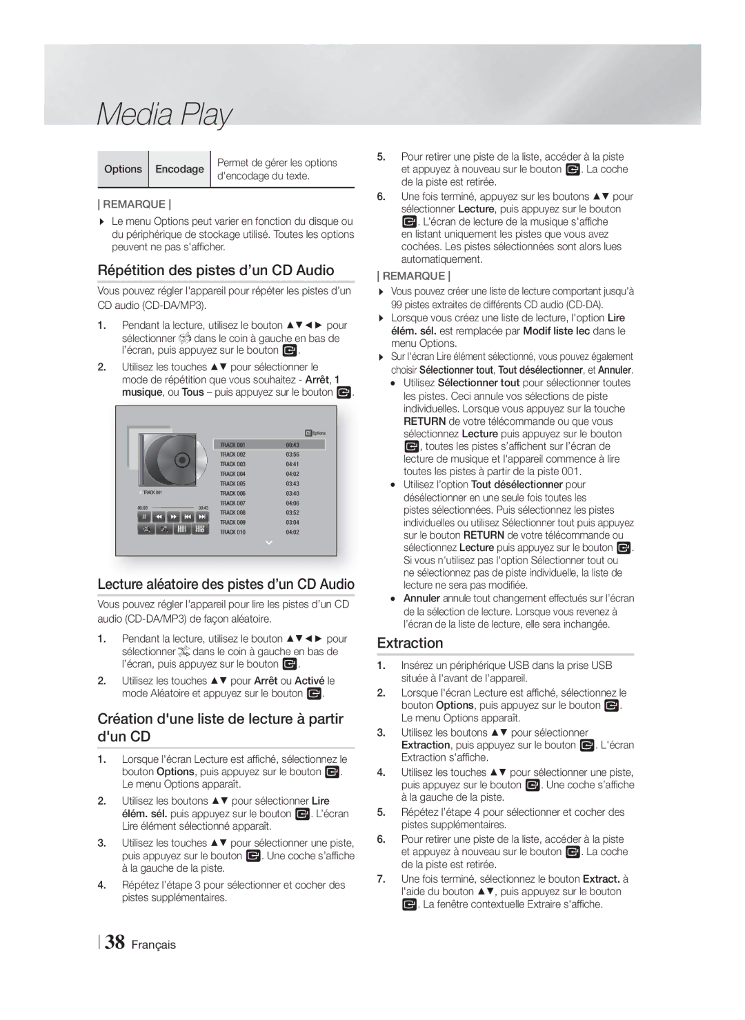 Samsung HT-F6500/ZF manual Répétition des pistes d’un CD Audio, Création dune liste de lecture à partir dun CD, Extraction 