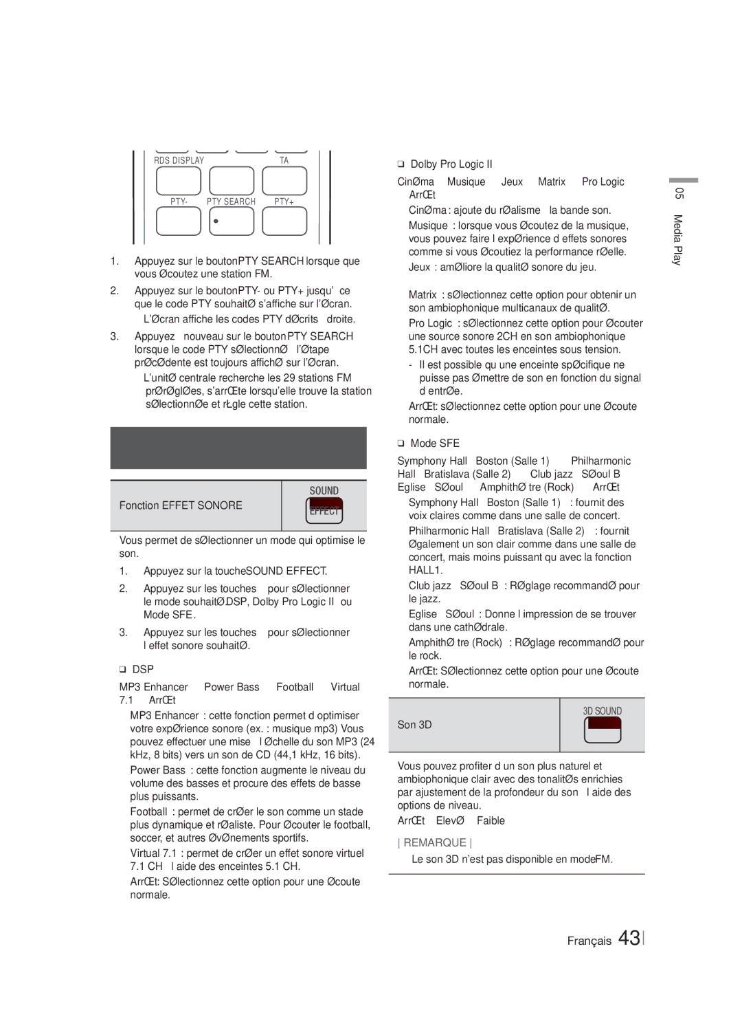 Samsung HT-F6550W/SJ, HT-F6500/EN Utilisation des touches de contrôle, Lécran affiche les codes PTY décrits à droite, Dsp 