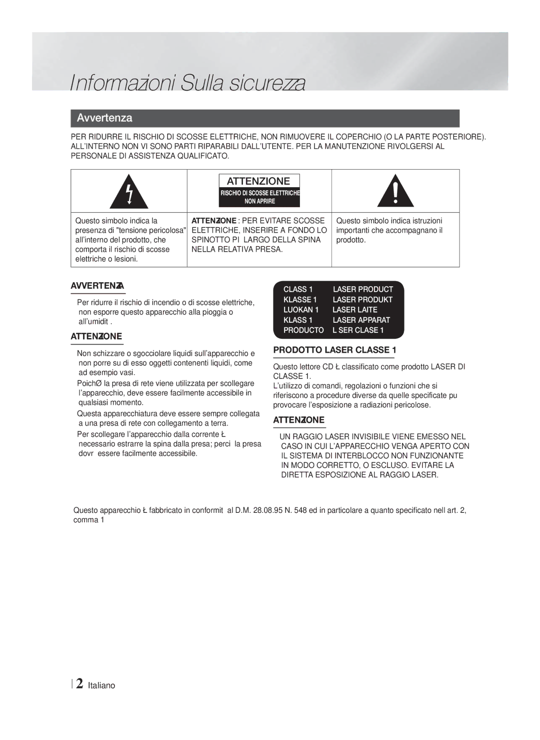 Samsung HT-F6500/EN manual Informazioni Sulla sicurezza, Avvertenza, Spinotto PIÙ Largo Della Spina, Nella Relativa Presa 