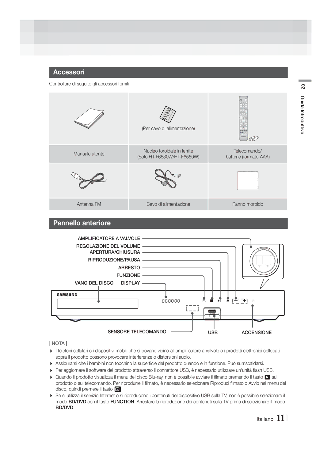 Samsung HT-F6550W/ZF, HT-F6500/EN, HT-F6500/ZF, HT-F6550W/SJ manual Accessori, Pannello anteriore, Sensore Telecomando USB 