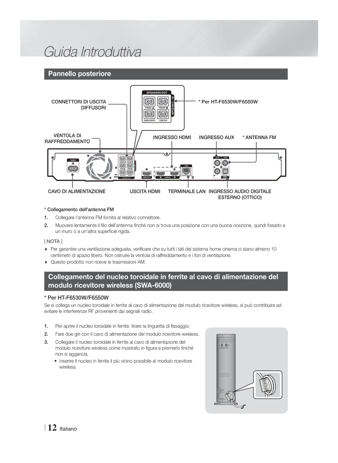 Samsung HT-F6500/ZF manual Pannello posteriore, Per HT-F6530W/F6550W, Ventola DI Raffreddamento, Cavo DI Alimentazione 