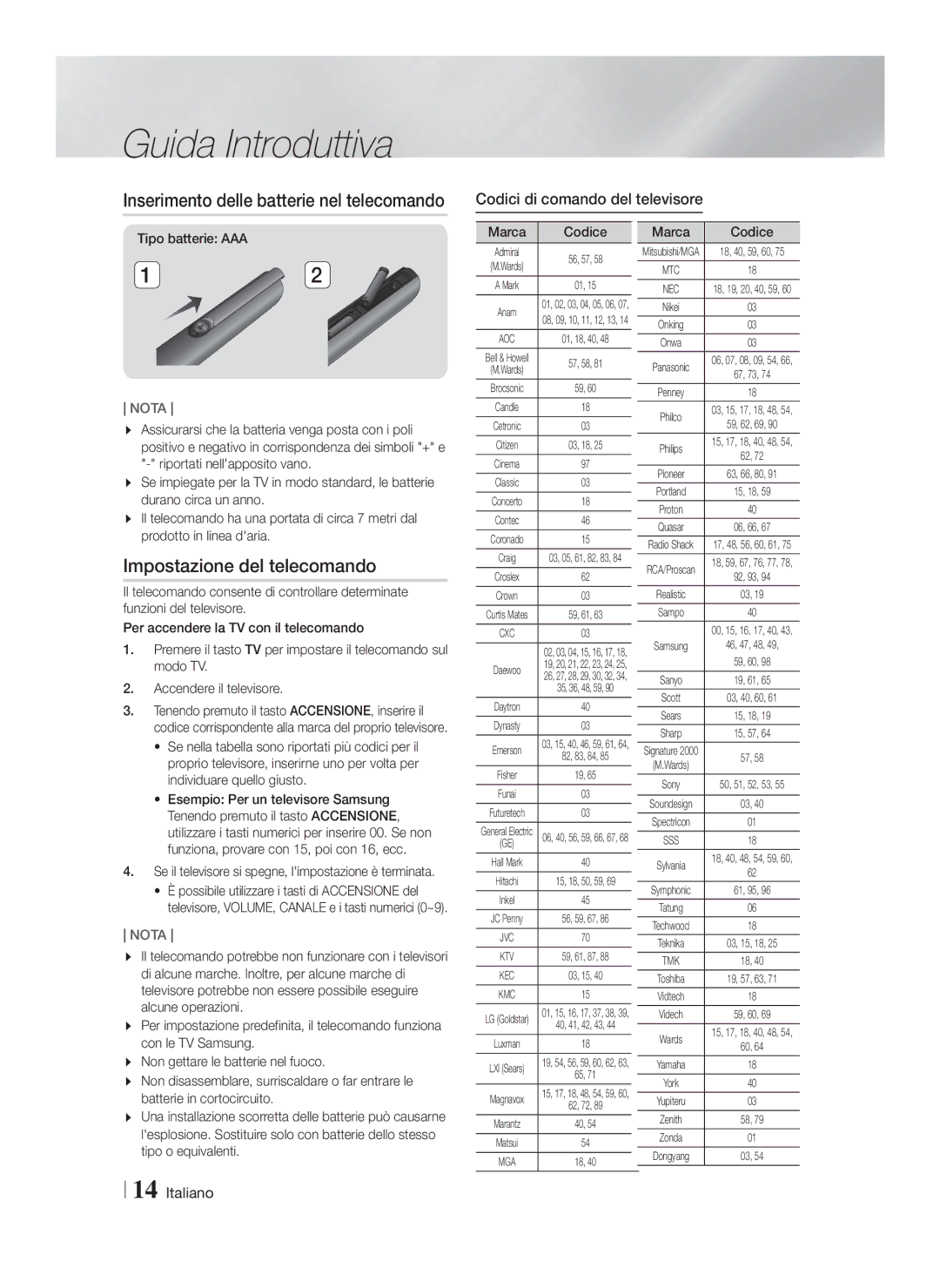 Samsung HT-F6500/EN manual Impostazione del telecomando, Codici di comando del televisore, Tipo batterie AAA, Marca Codice 