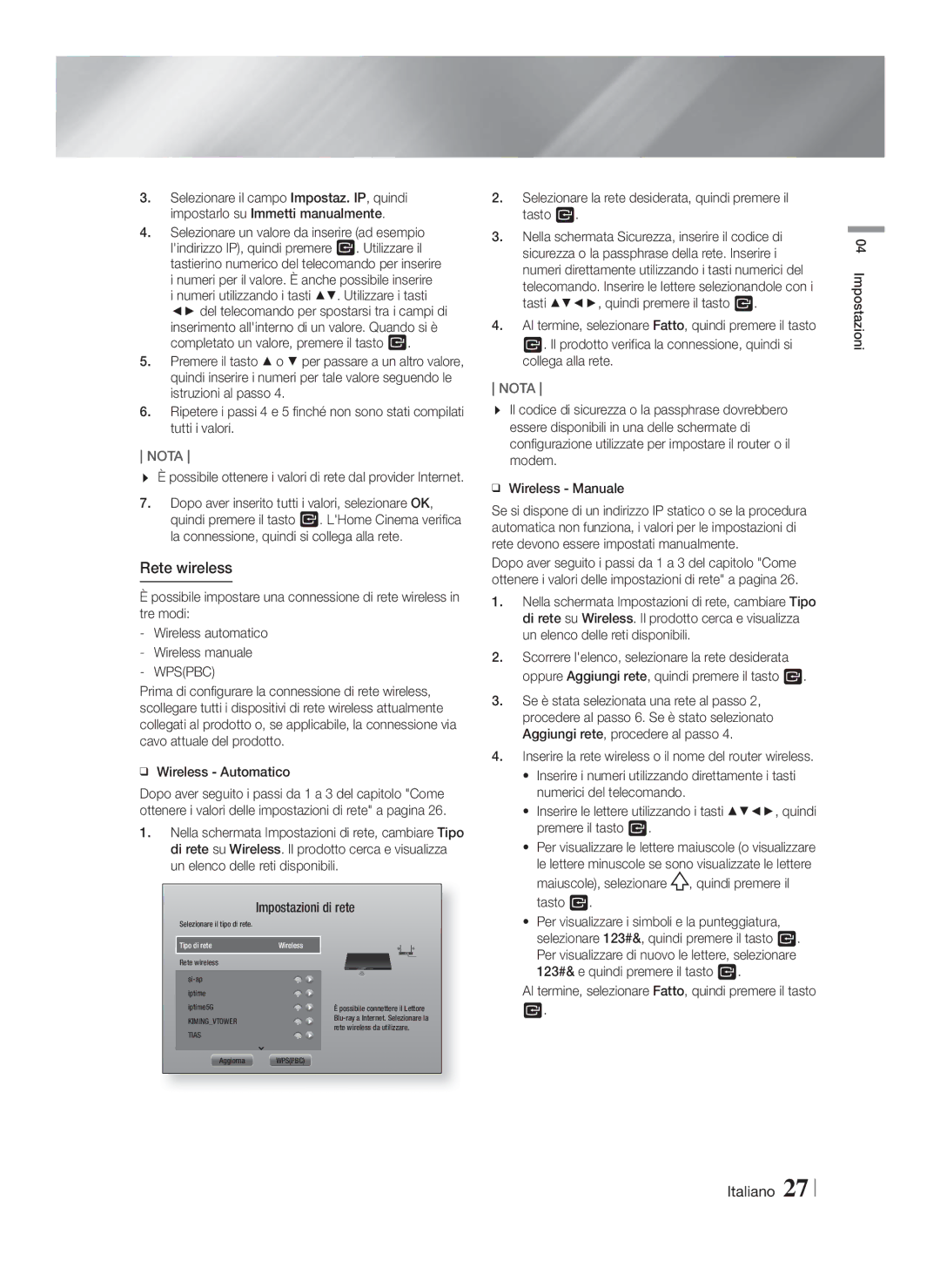 Samsung HT-F6550W/ZF, HT-F6500/EN, HT-F6500/ZF, HT-F6550W/SJ manual Rete wireless 