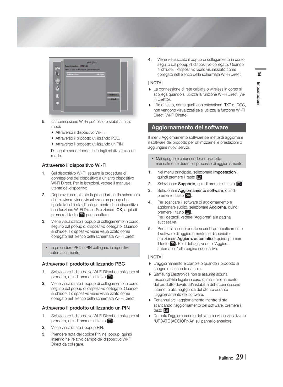 Samsung HT-F6550W/SJ Aggiornamento del software, Attraverso il dispositivo Wi-Fi, Attraverso il prodotto utilizzando PBC 