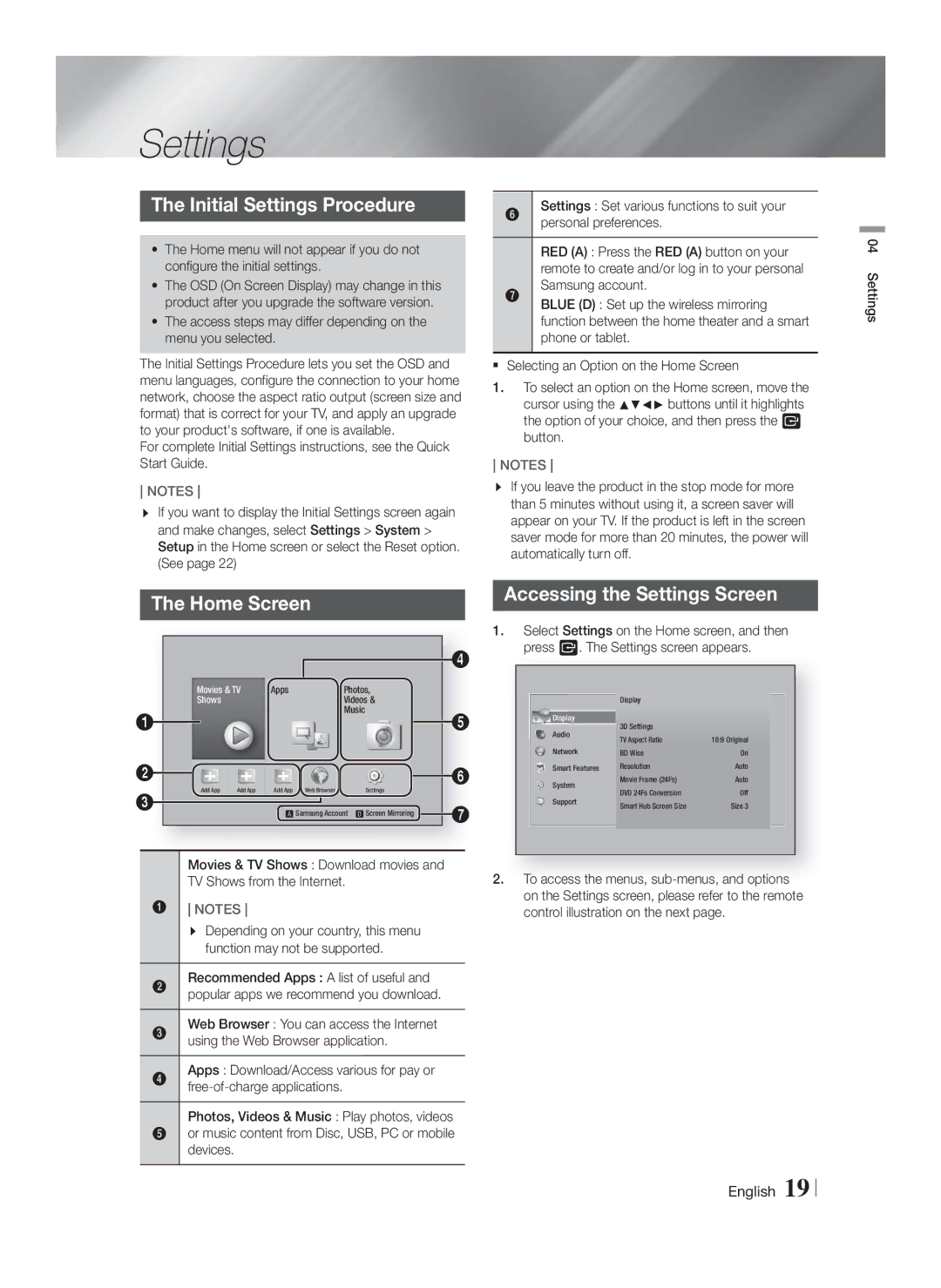 Samsung HTF6500WZA, HT-F6500W user manual Initial Settings Procedure, Home Screen, Accessing the Settings Screen 