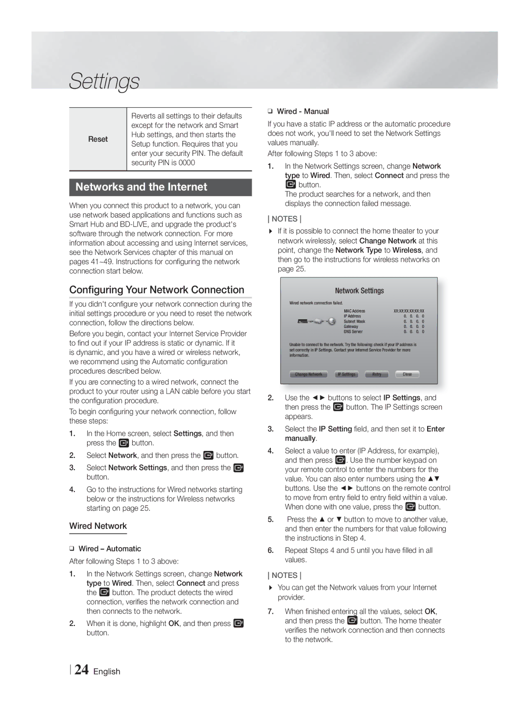 Samsung HT-F6500W Networks and the Internet, Configuring Your Network Connection, Wired Network, Security PIN is 