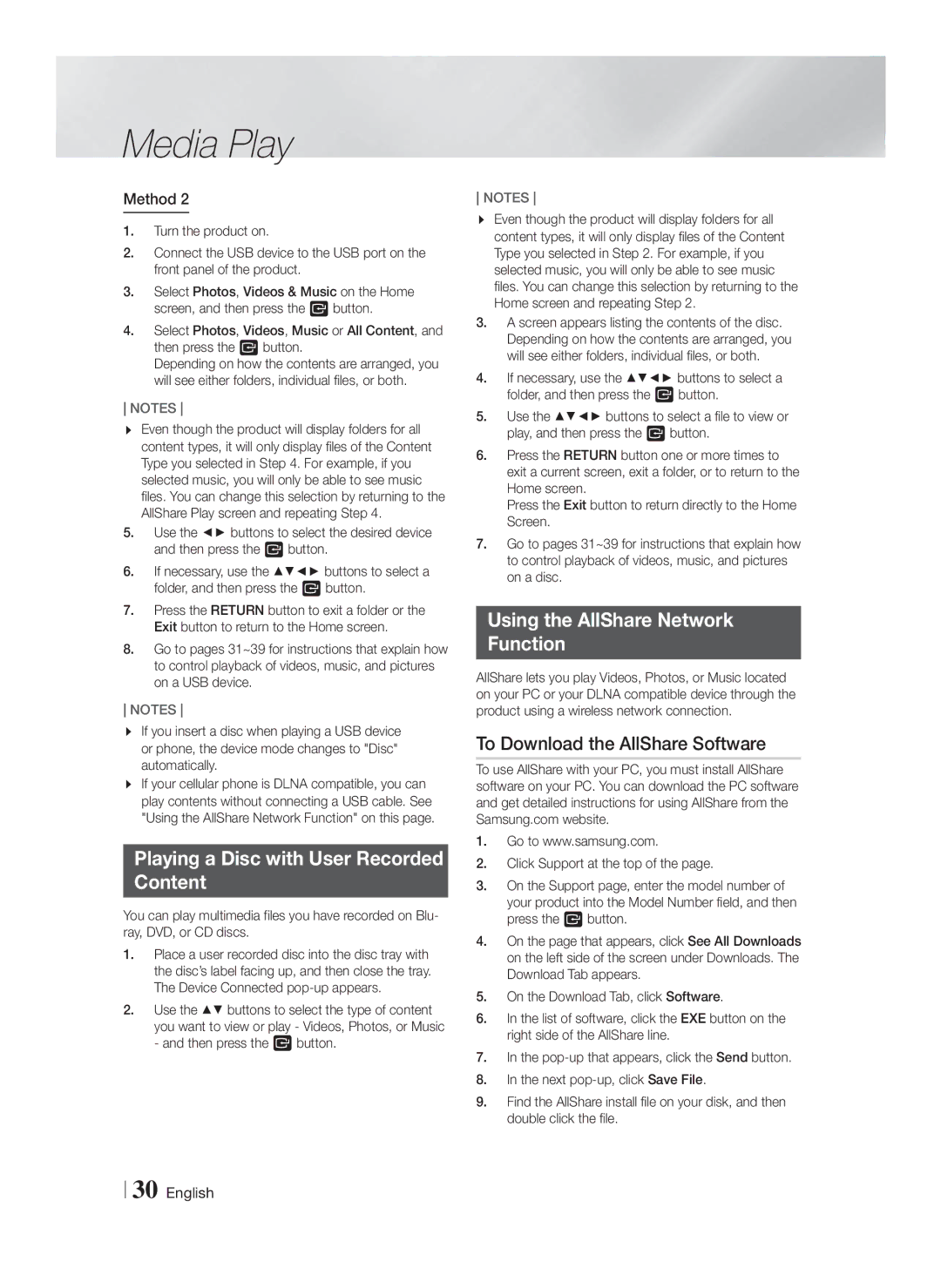 Samsung HT-F6500W, HTF6500WZA user manual Playing a Disc with User Recorded Content, Using the AllShare Network Function 