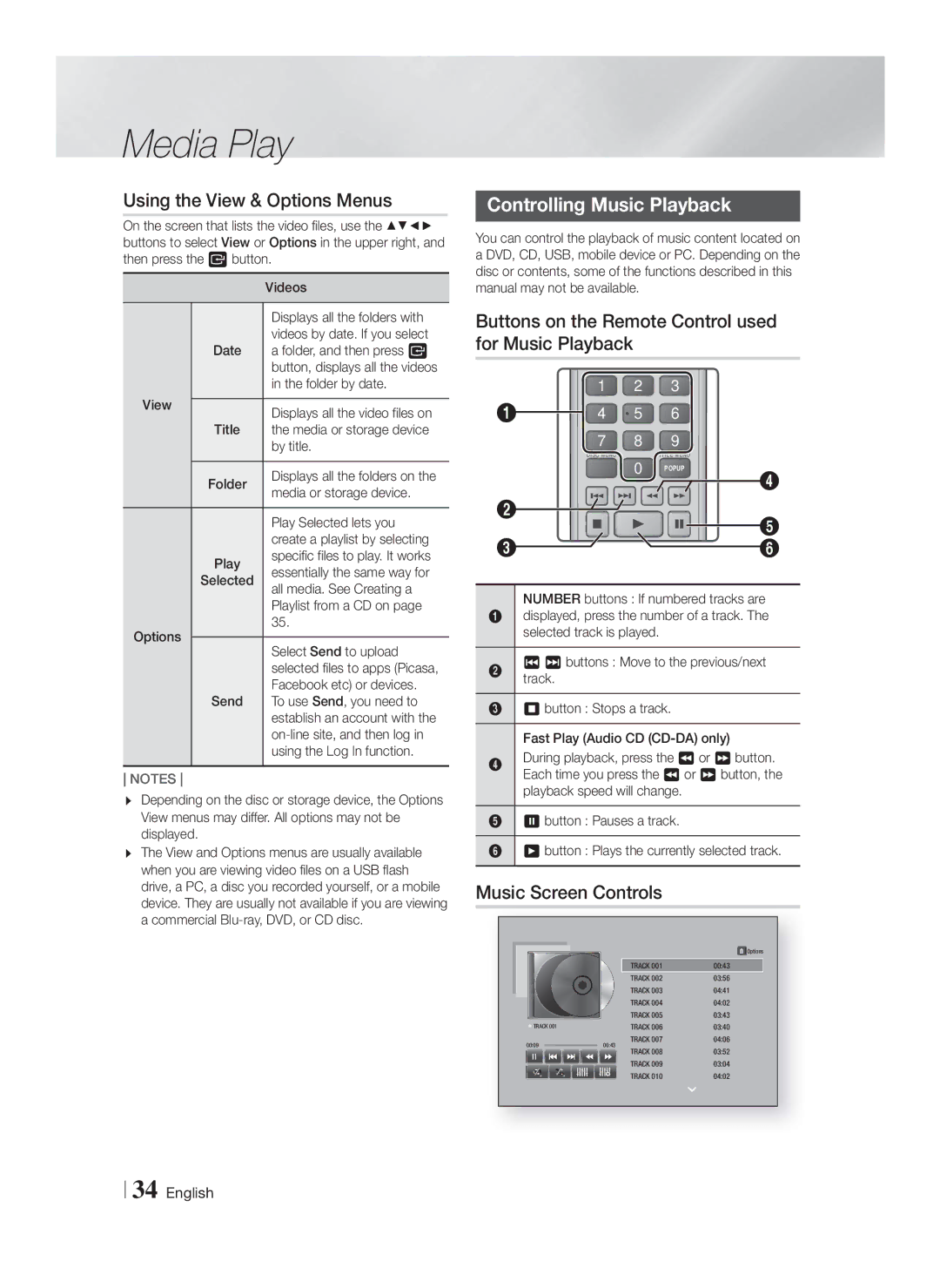 Samsung HT-F6500W, HTF6500WZA user manual Using the View & Options Menus, Controlling Music Playback, Music Screen Controls 