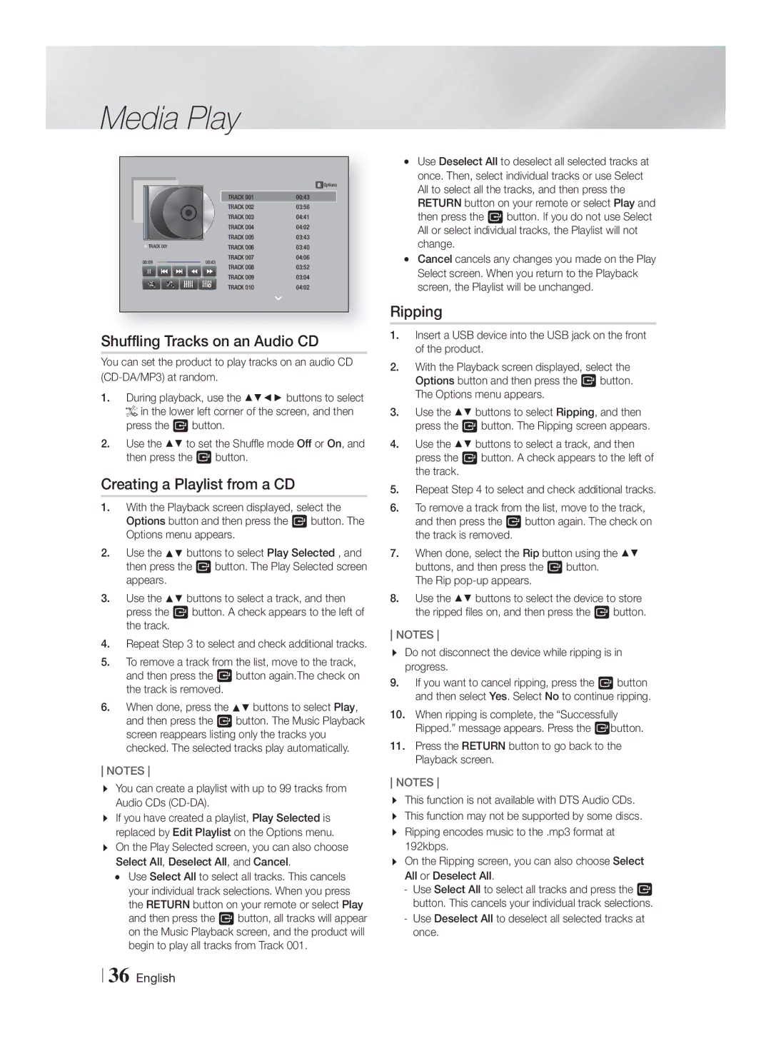 Samsung HT-F6500W, HTF6500WZA user manual Shuffling Tracks on an Audio CD, Creating a Playlist from a CD, Ripping 