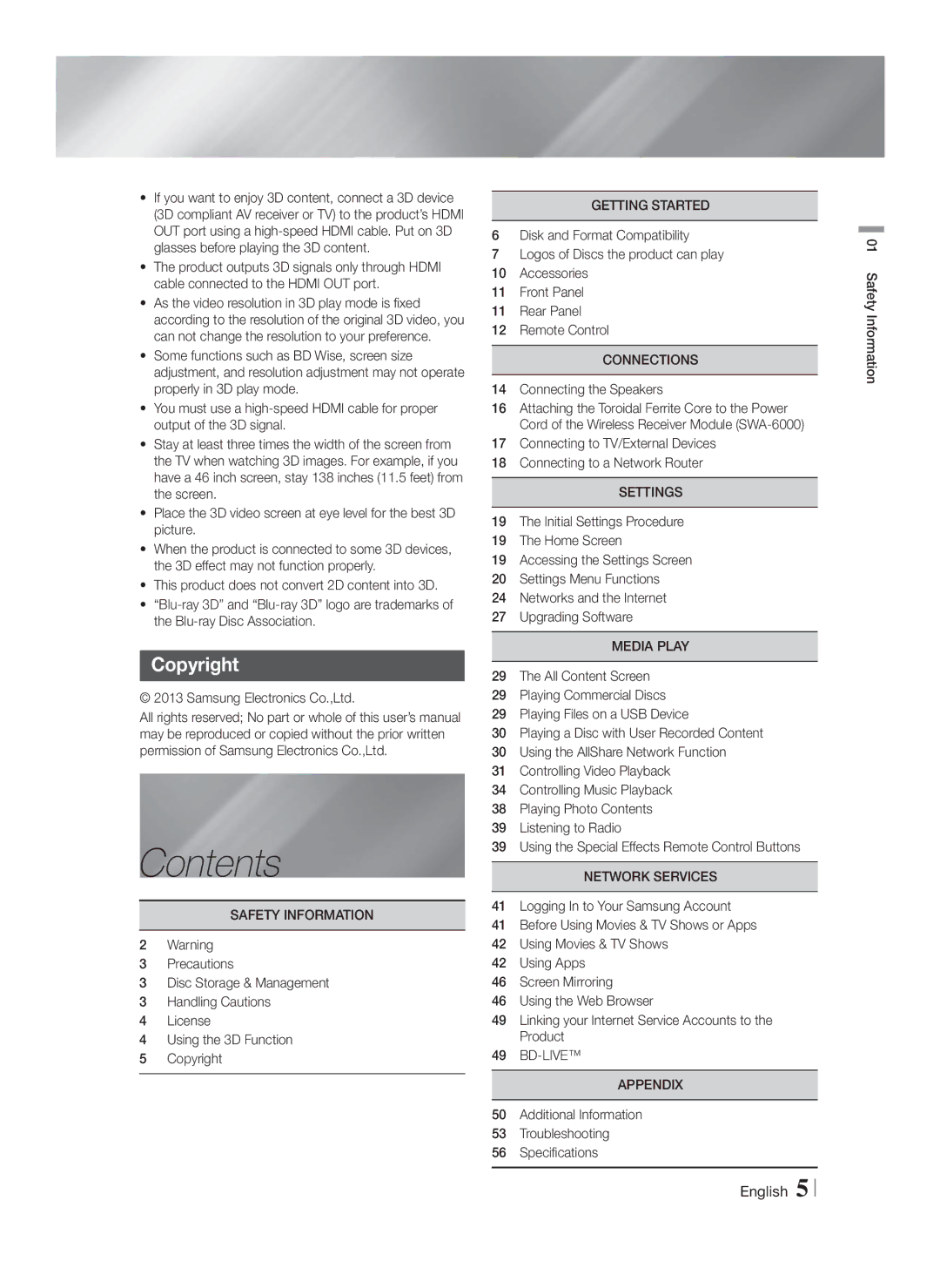 Samsung HTF6500WZA, HT-F6500W user manual Contents 