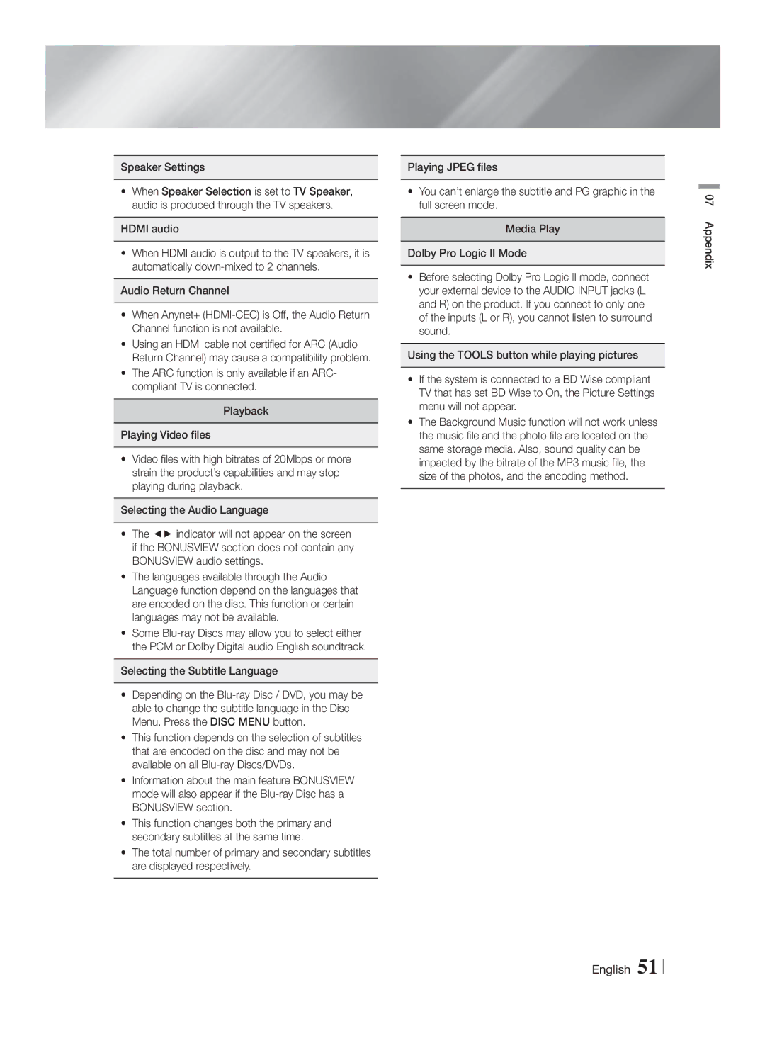 Samsung HTF6500WZA, HT-F6500W user manual Speaker Settings, Selecting the Subtitle Language, Appendix 