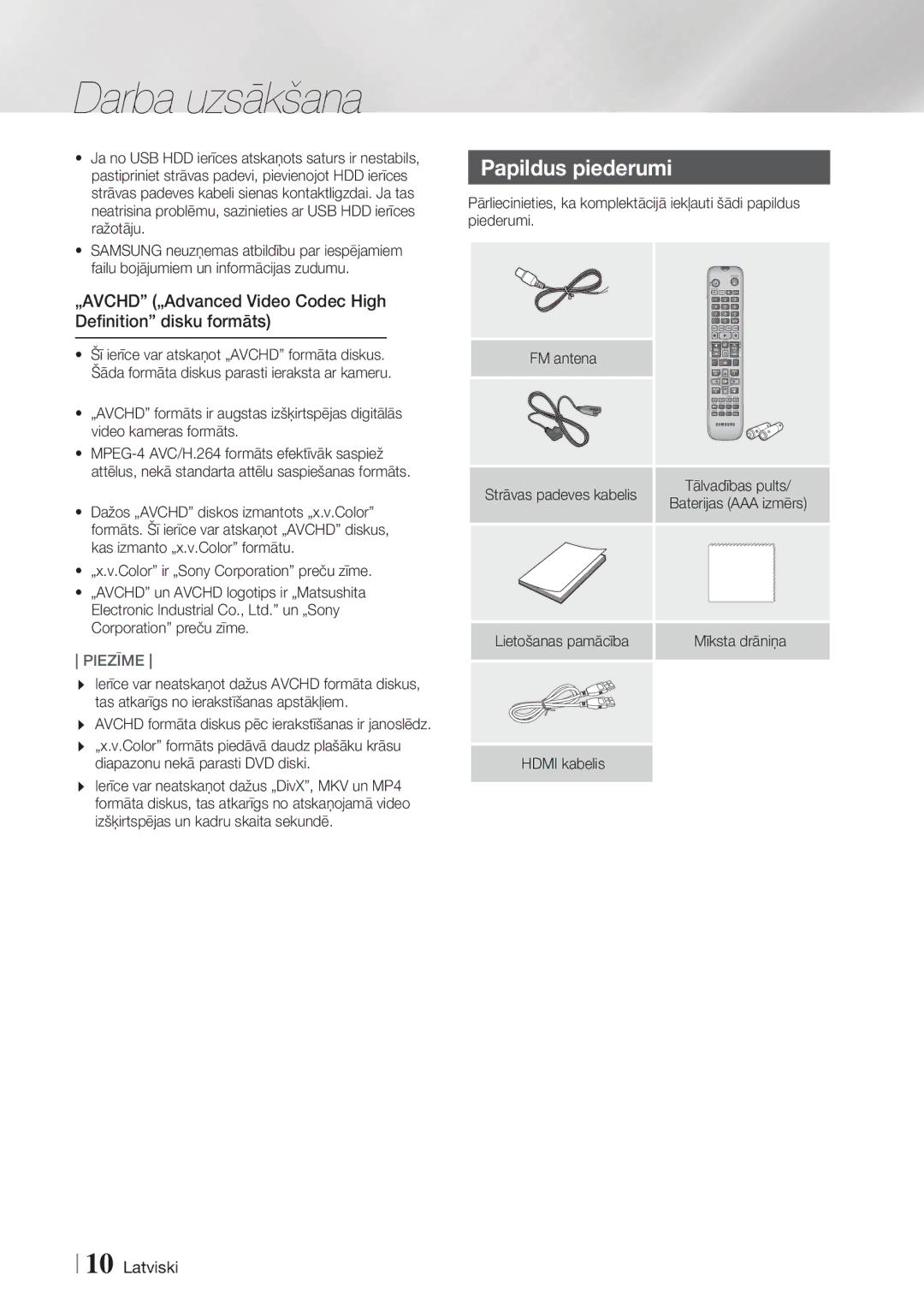 Samsung HT-F6550W/EN, HT-F6500/EN manual Papildus piederumi, „AVCHD „Advanced Video Codec High Deﬁnition disku formāts 