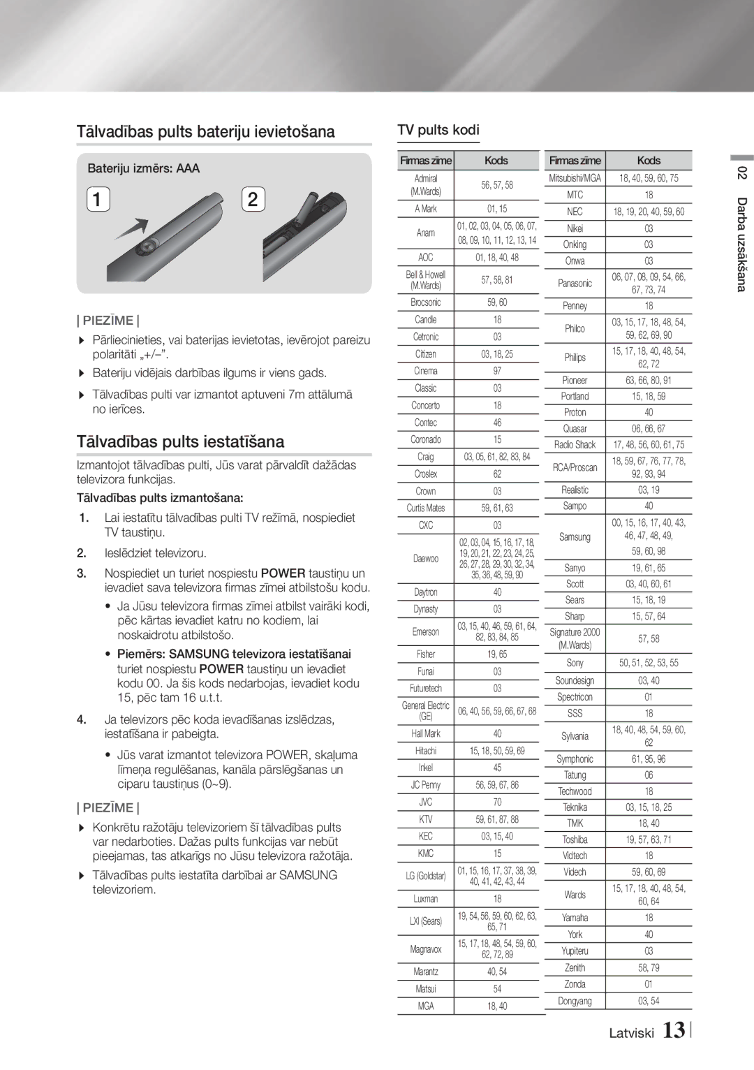 Samsung HT-F6500/EN, HT-F6550W/EN manual Tālvadības pults bateriju ievietošana, Tālvadības pults iestatīšana, TV pults kodi 