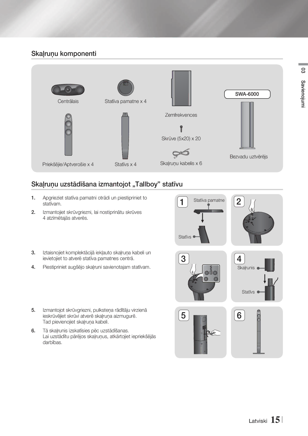 Samsung HT-F6500/EN manual Skaļruņu komponenti, Skaļruņu uzstādīšana izmantojot „Tallboy statīvu, SWA-6000 Centrālais 