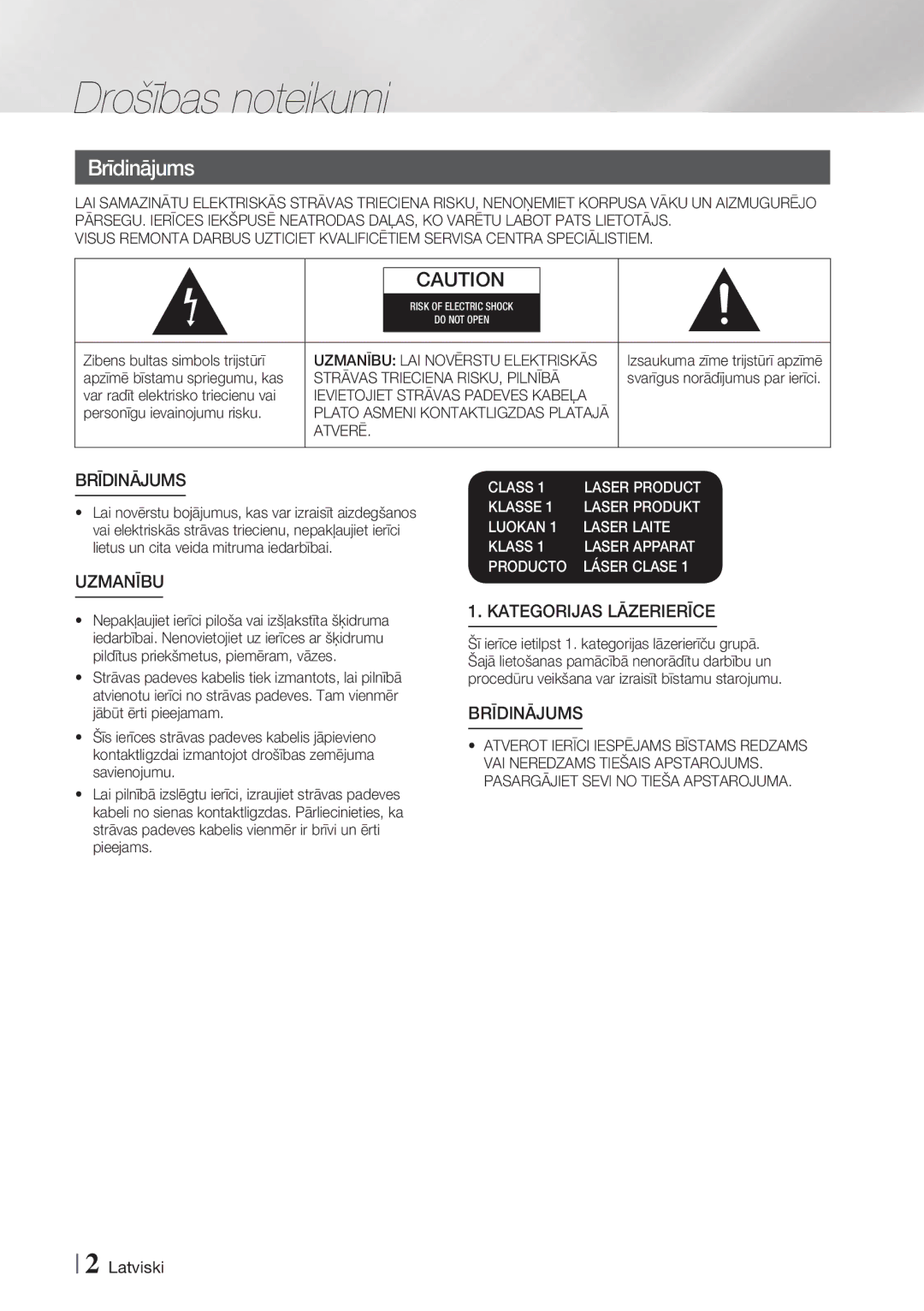 Samsung HT-F6550W/EN Drošības noteikumi, Strāvas Trieciena RISKU, Pilnībā, Ievietojiet Strāvas Padeves Kabeļa, Atverē 