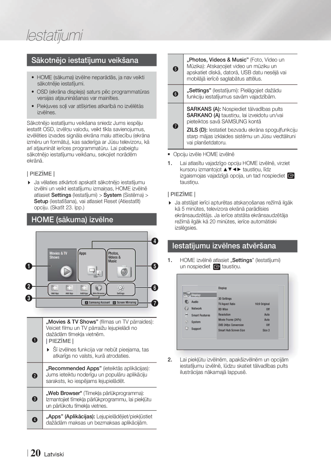 Samsung HT-F6550W/EN, HT-F6500/EN Home izvēlnē atlasiet „Settings Iestatījumi, „Recommended Apps ieteiktās aplikācijas 