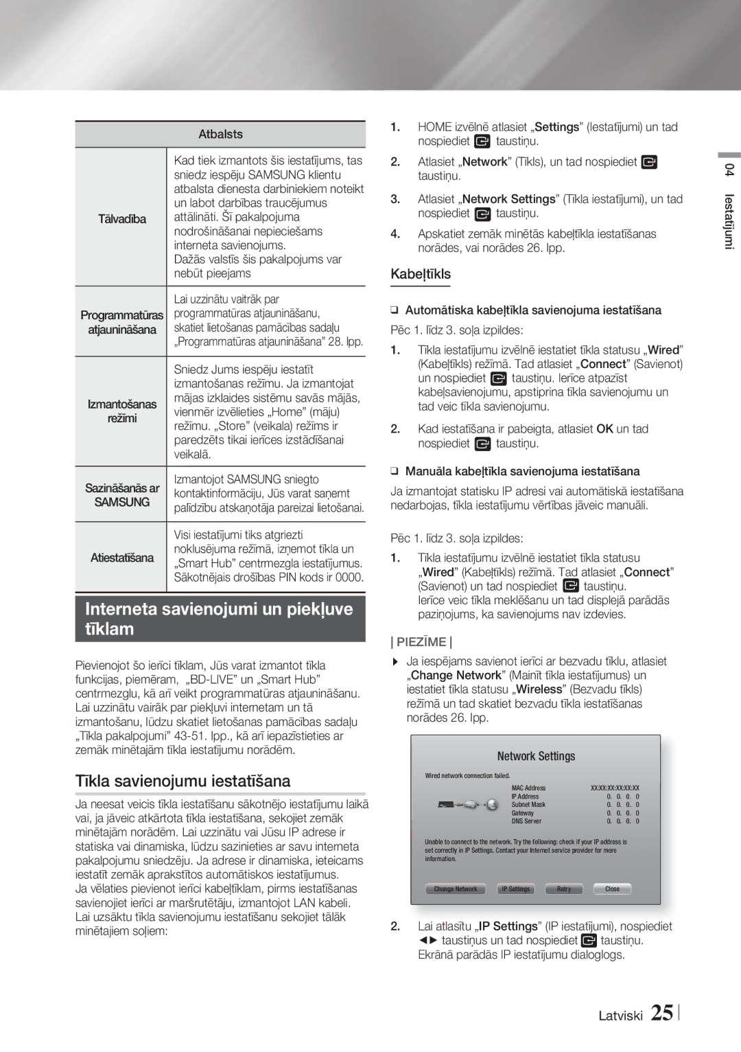 Samsung HT-F6500/EN, HT-F6550W/EN manual Interneta savienojumi un piekļuve Tīklam, Tīkla savienojumu iestatīšana, Kabeļtīkls 