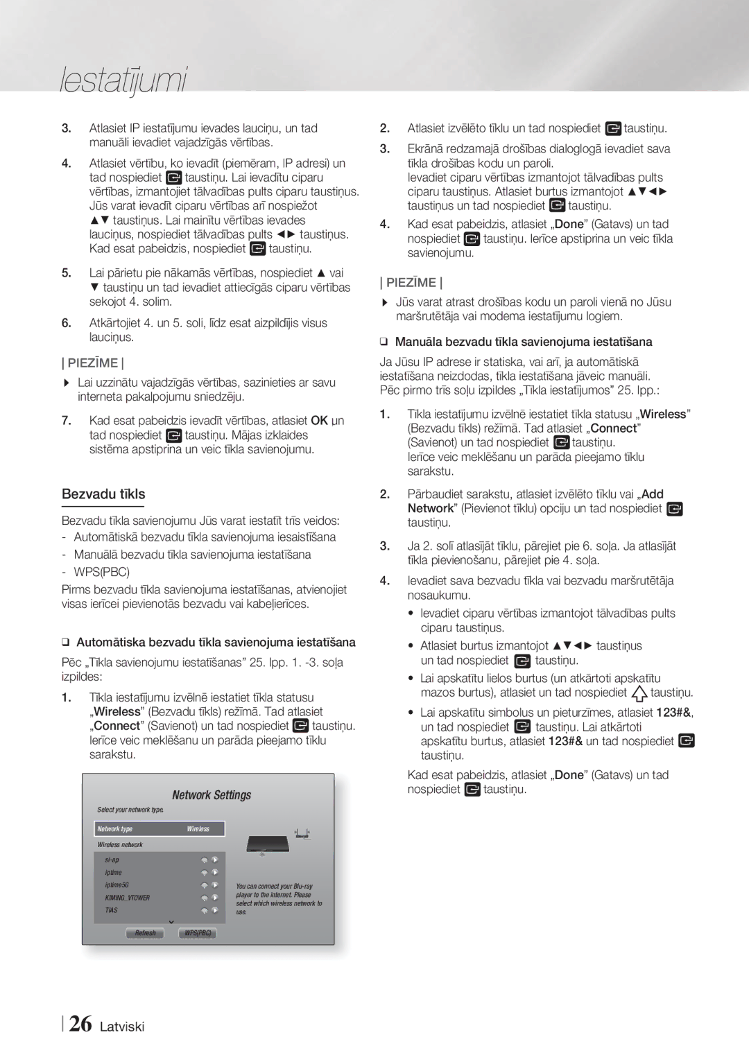 Samsung HT-F6550W/EN manual Bezvadu tīkls, Taustiņus. Lai mainītu vērtības ievades, Wpspbc, Un tad nospiediet Taustiņu 