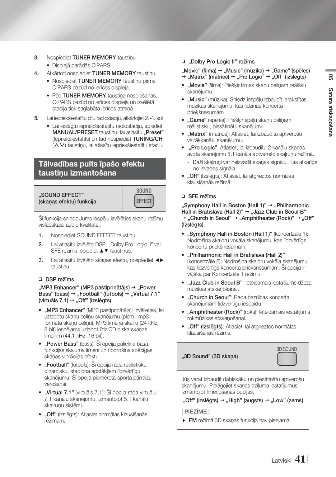 Samsung HT-F6500/EN manual Tālvadības pults īpašo efektu Taustiņu izmantošana, „SOUND Effect, Skaņas efektu funkcija 