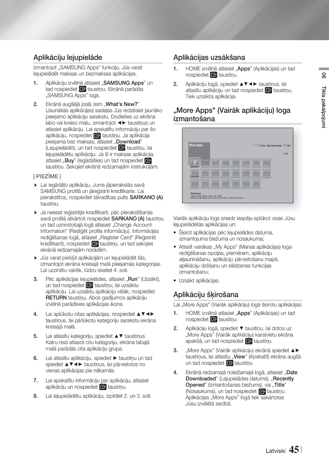 Samsung HT-F6500/EN manual Aplikāciju lejupielāde, Aplikācijas uzsākšana, „More Apps Vairāk aplikāciju loga izmantošana 