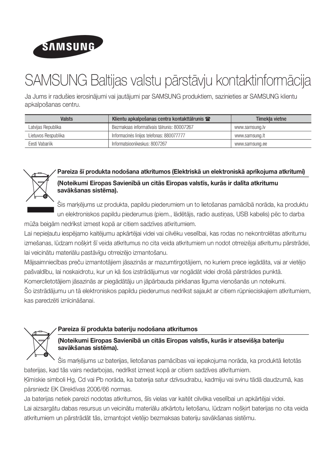 Samsung HT-F6550W/EN, HT-F6500/EN manual Samsung Baltijas valstu pārstāvju kontaktinformācija 