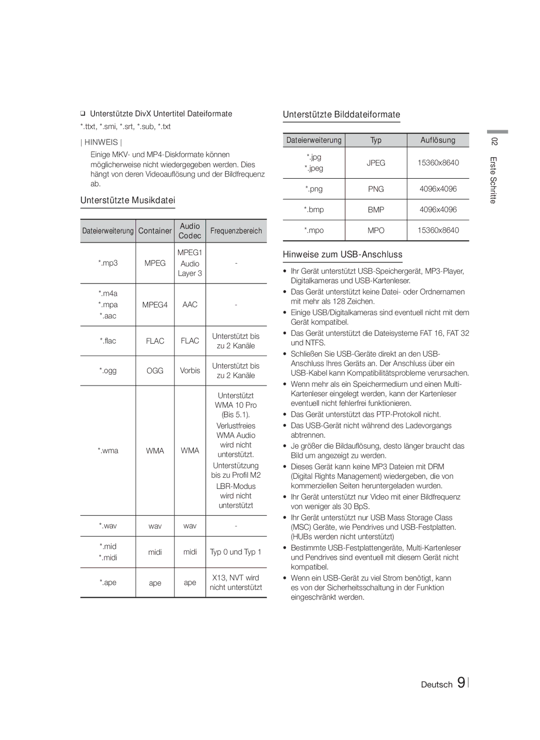 Samsung HT-F6530W/EN Unterstützte Musikdatei, Unterstützte Bilddateiformate, Hinweise zum USB-Anschluss, Container Audio 