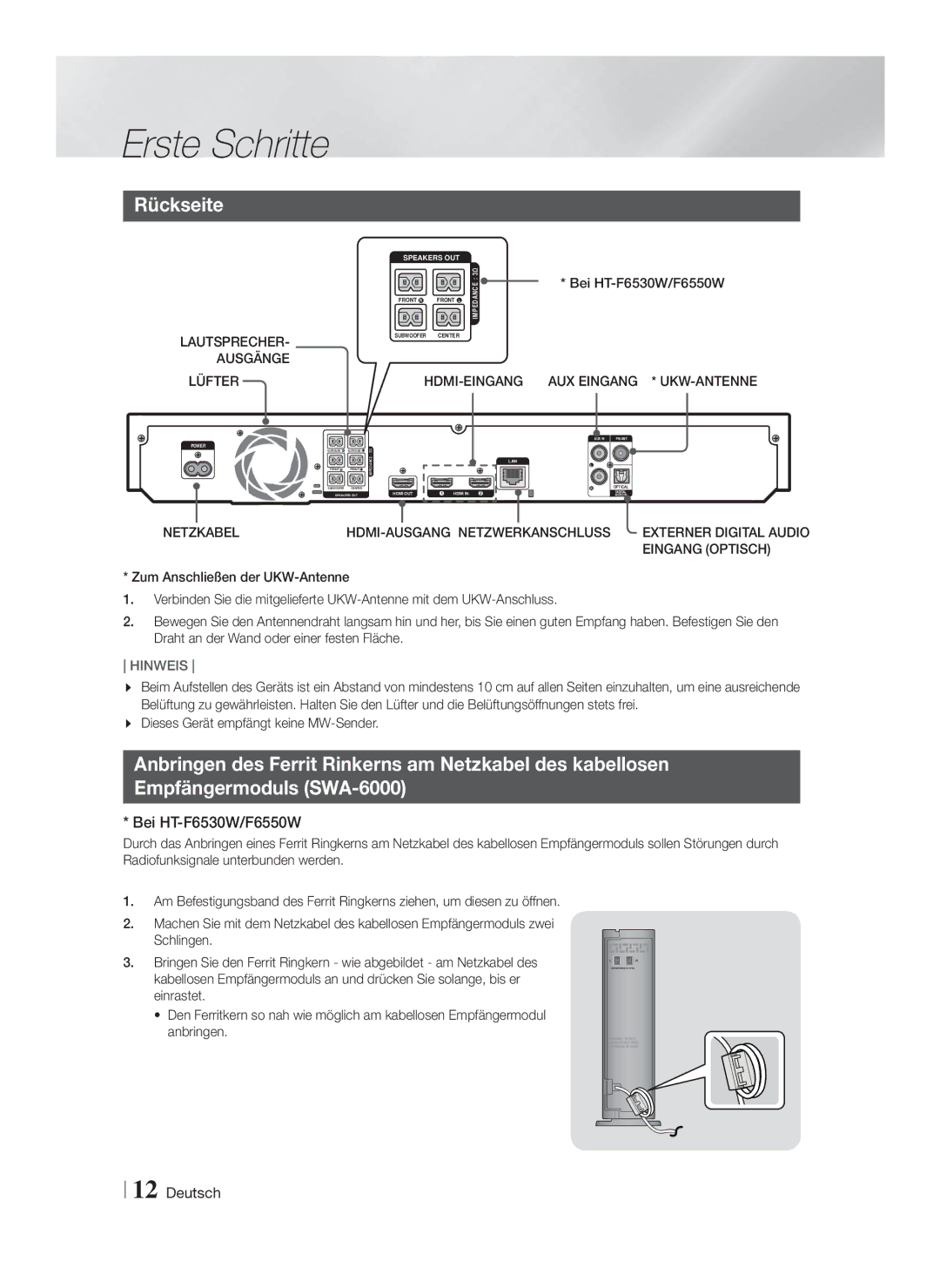 Samsung HT-F6550W/XN Rückseite, Bei HT-F6530W/F6550W, AUX Eingang * UKW-ANTENNE, Netzkabel HDMI-AUSGANG Netzwerkanschluss 