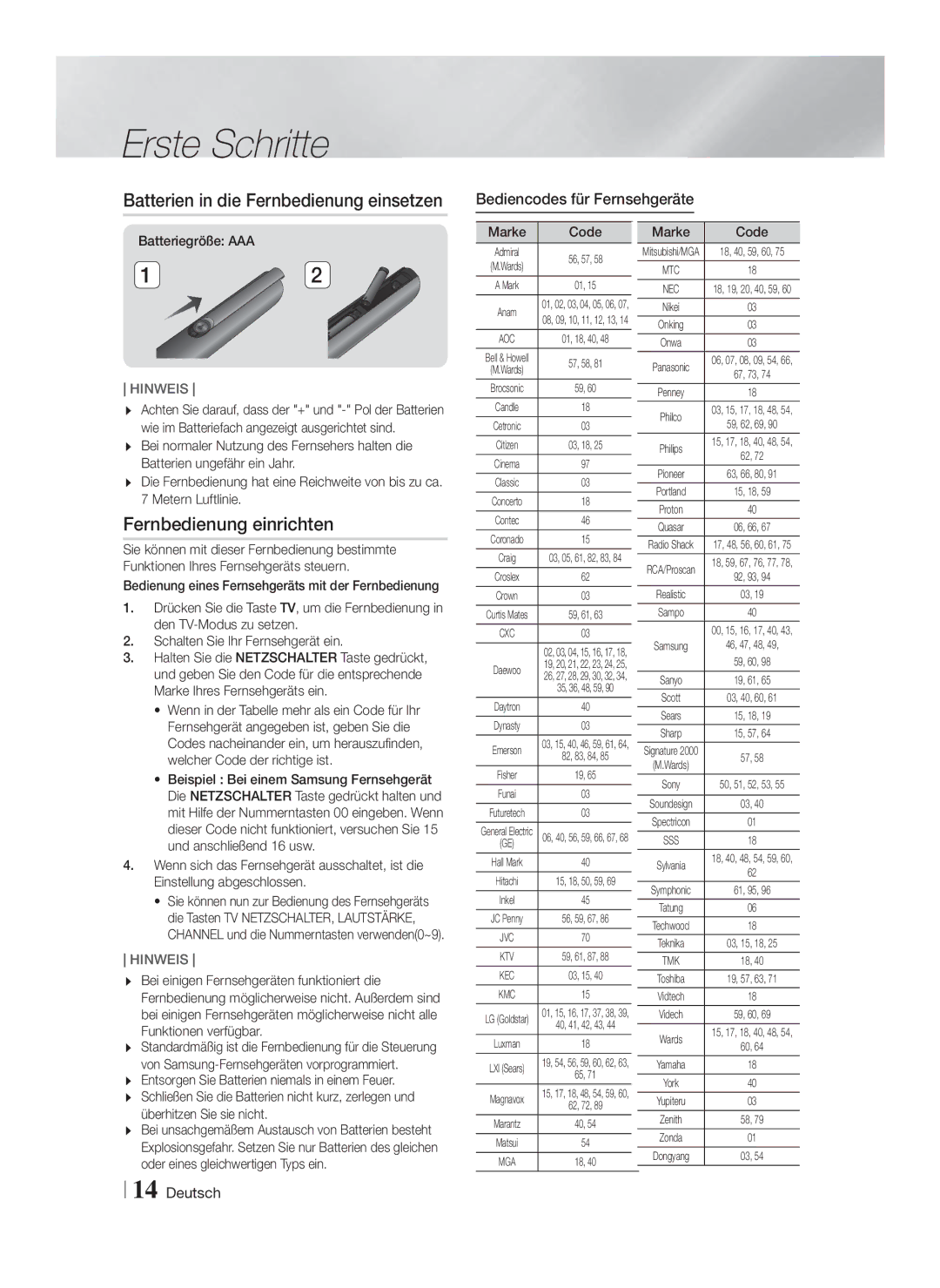 Samsung HT-F6550W/TK Batterien in die Fernbedienung einsetzen, Fernbedienung einrichten, Bediencodes für Fernsehgeräte 